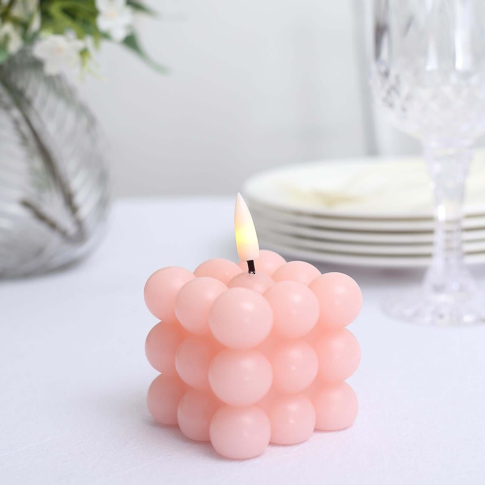 2-Pack LED Flameless Cube Candles Flickering Warm White Blush - Battery Operated Bubble Design 2"