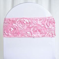 5 Pack Satin Spandex Chair Sashes Pink - Rosette Design Stretch Chair Bands 6"x14"