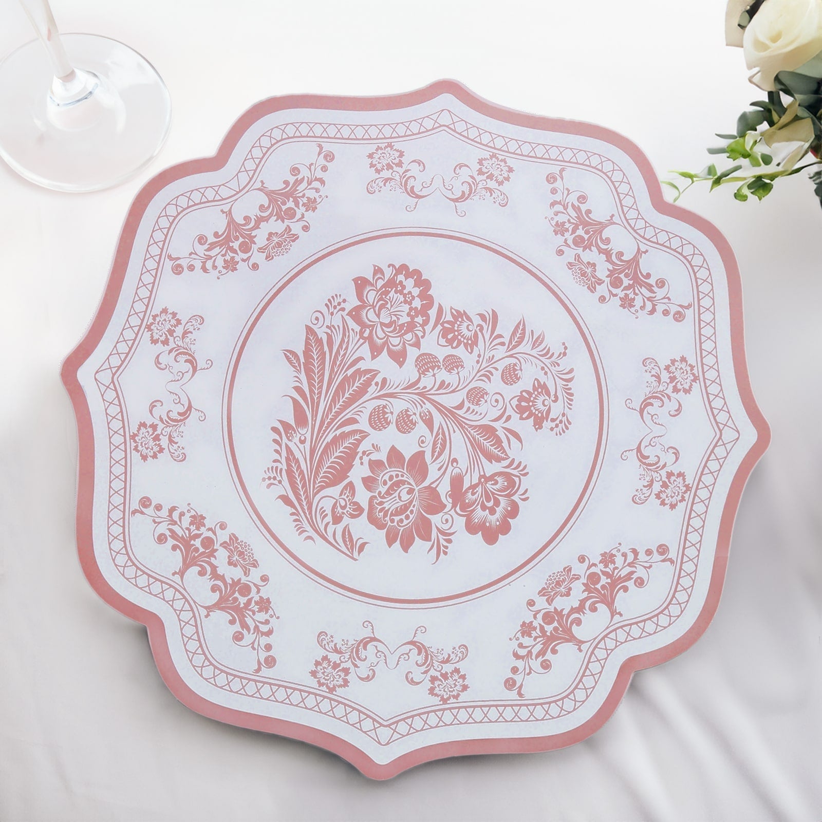 10-Pack Disposable Table Placemats 13" Round Placemats in White with Pink Damask Floral Pattern & Scalloped Rim - 400GSM Cardboard Placemats for Stylish Table Setting