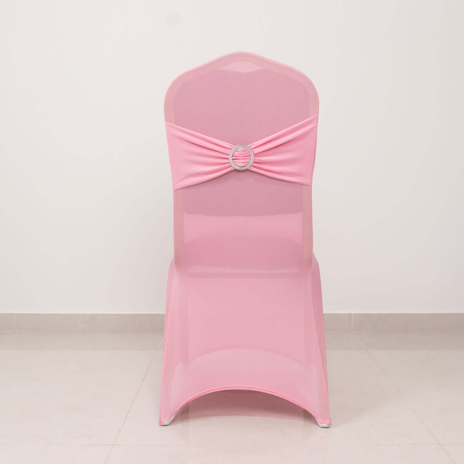 Spandex Chair Cover with Silver Rhinestone Buckled Sash Band Pink - Stretch Fitted Slipcover
