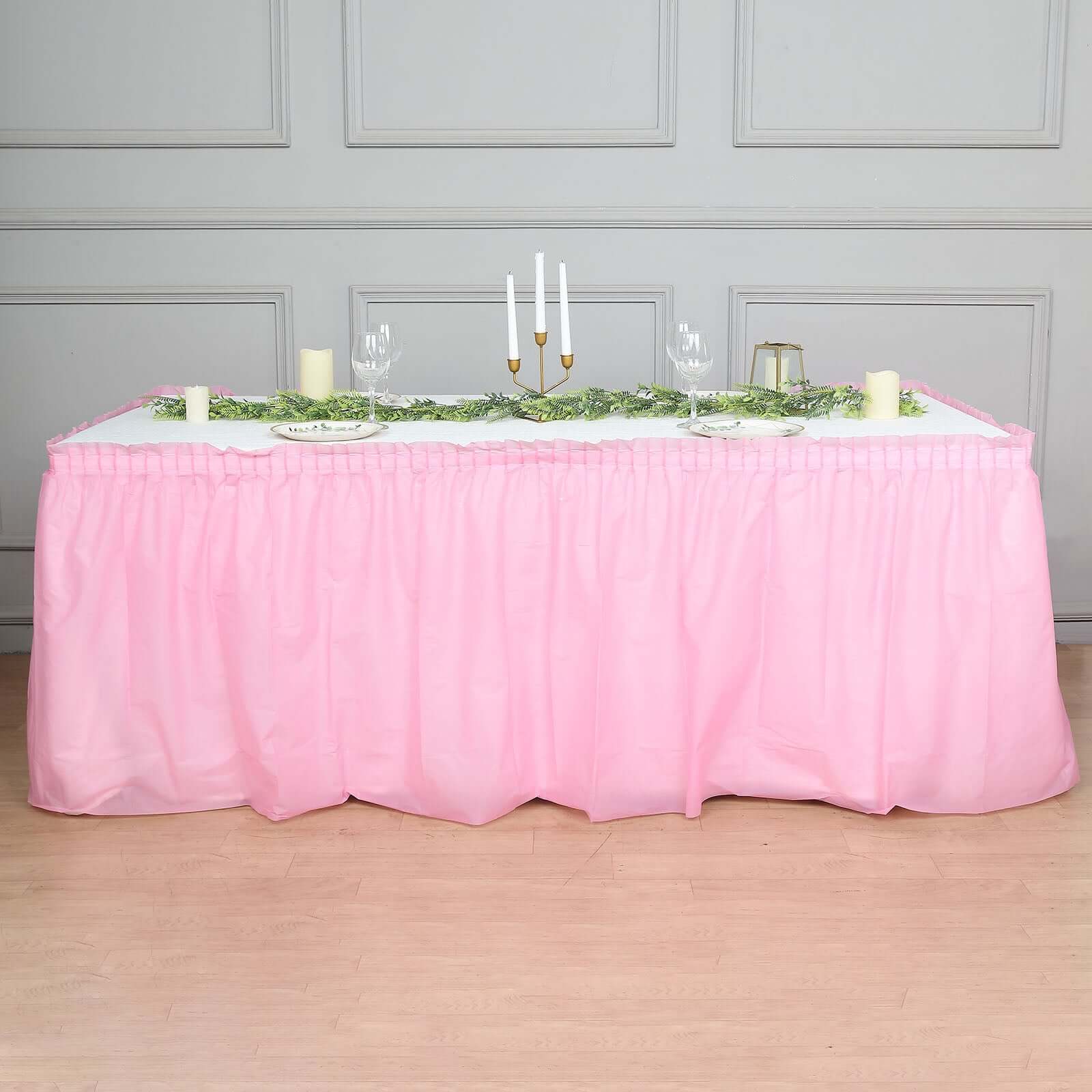 Plastic Table Skirt Pink Ruffled - Durable Disposable Skirt for Events 14ft