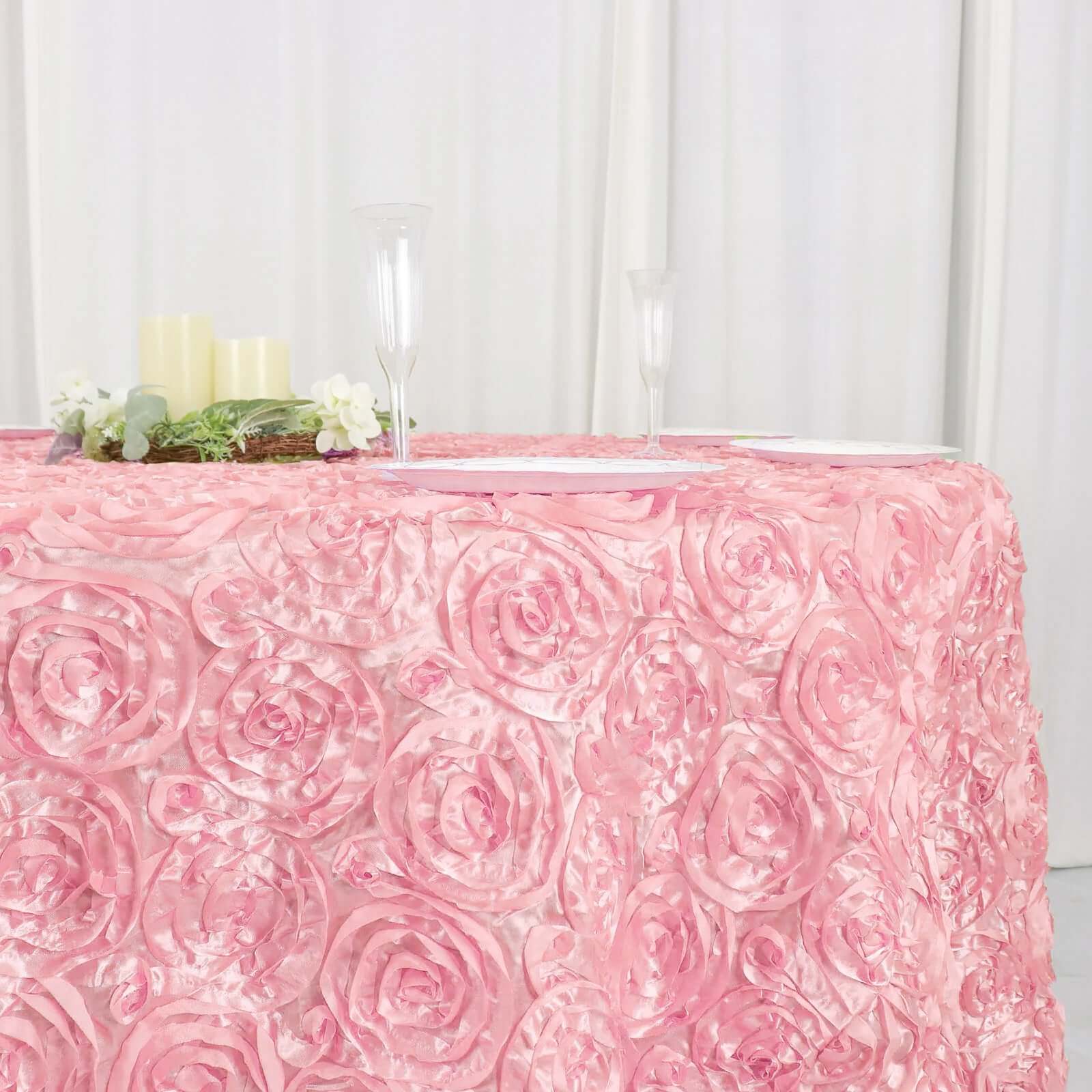 Satin 120" Round Tablecloth Pink - Grandiose 3D Rosette with Seamless Finish Table Cover