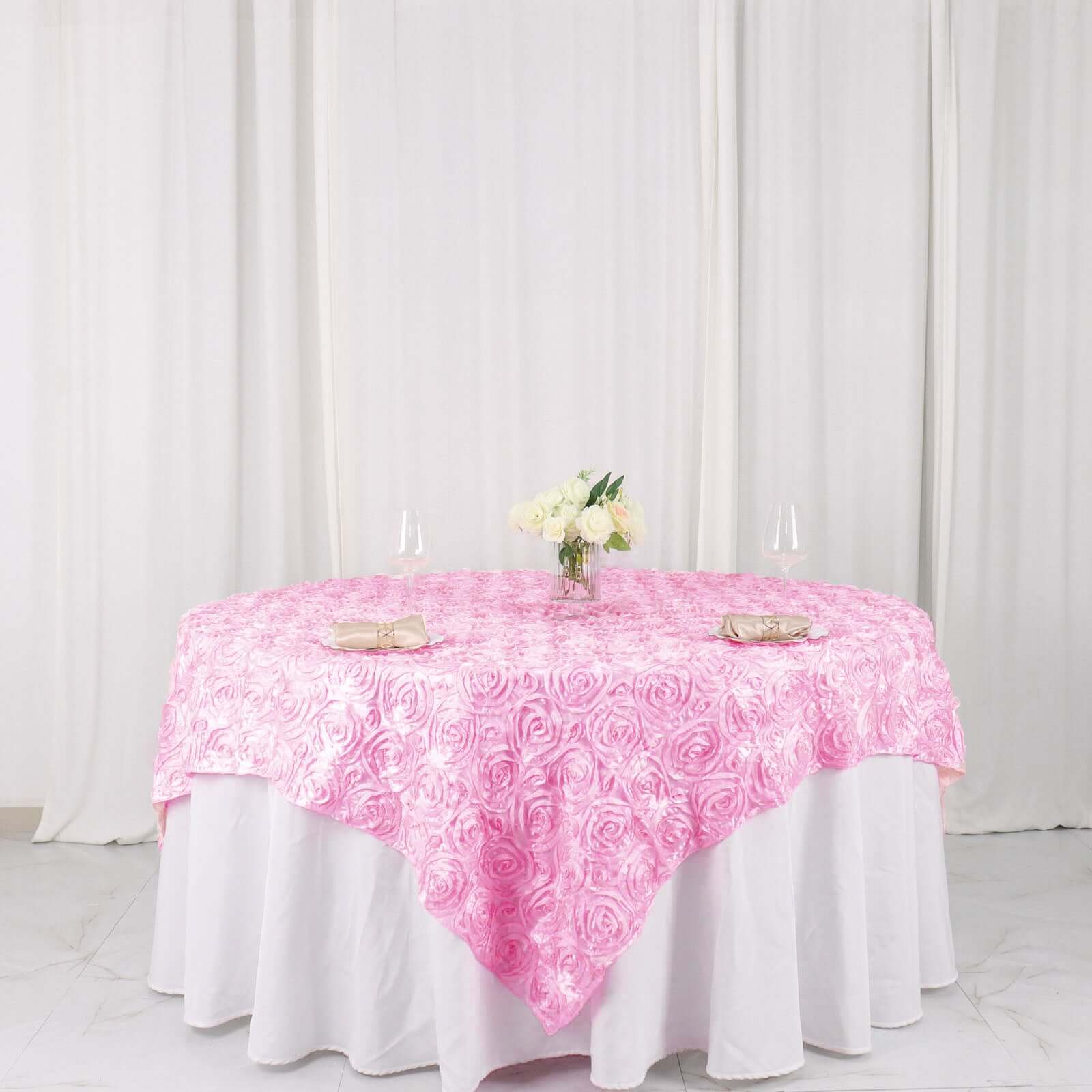 Satin 72"x72" Table Overlay Square Tablecloth Pink - 3D Rosette Table Cover