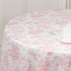 Polyester 108" Round Tablecloth White - Pink French Toile Pattern for Chic Weddings