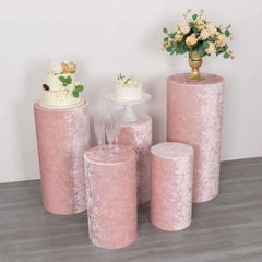 Set of 5 Blush Crushed Velvet Cylinder Pedestal Stand Covers, Premium Pillar Prop Covers
