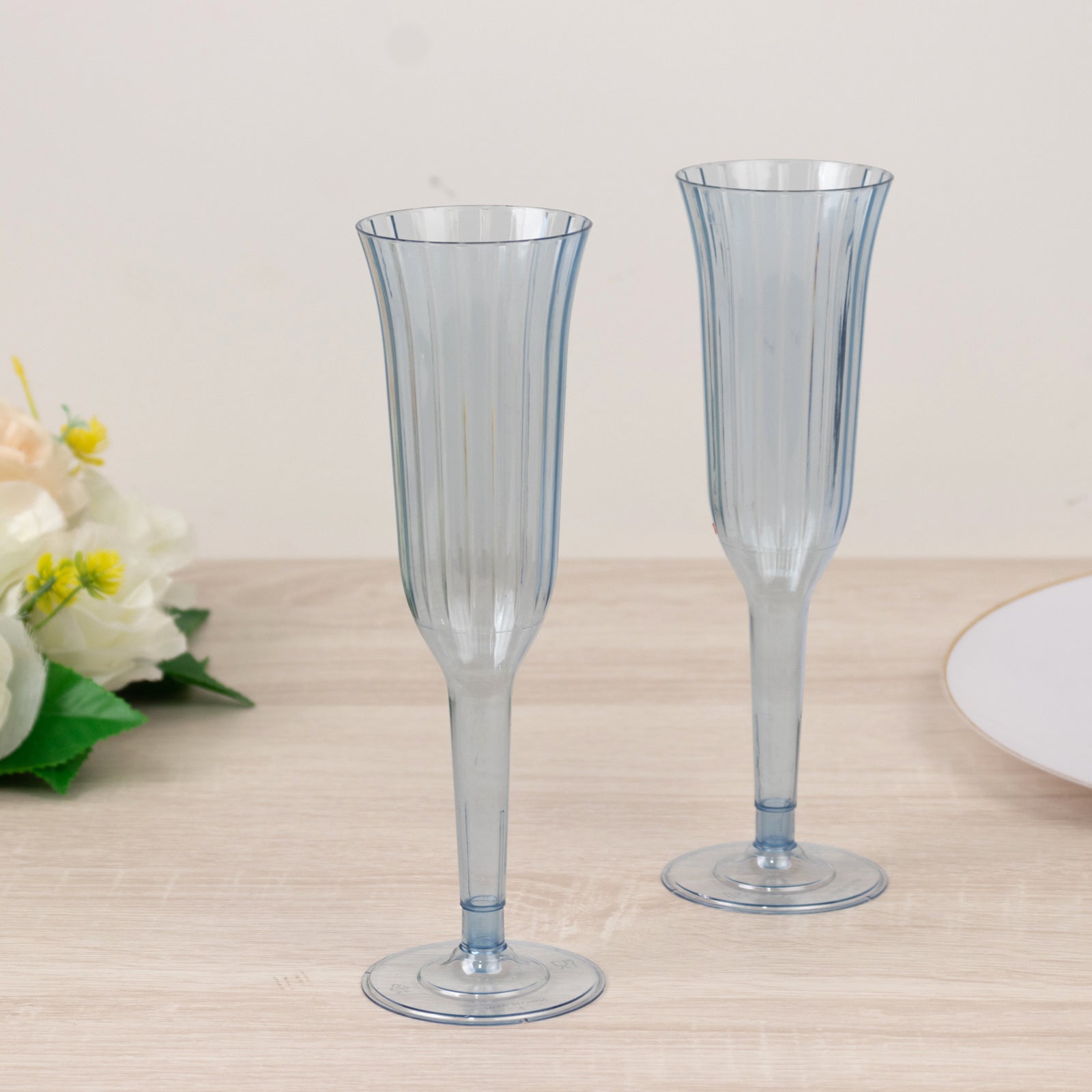 12-Pack Plastic Champagne Flutes Transparent Dusty Blue Flared Design - Lightweight Disposable Toasting Glasses 6oz