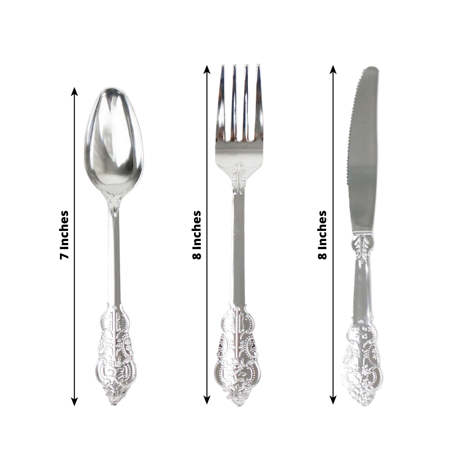 24 Pcs Plastic Silverware Set in Baroque Style Metallic Silver - Heavy Duty Disposable Knife, Fork, and Spoon Set