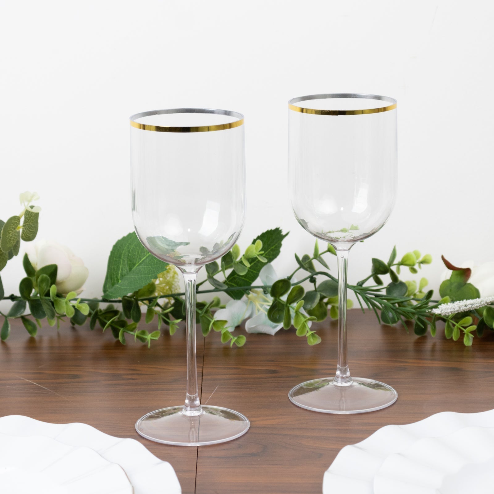 12-Pack 12oz Clear Plastic Wine Goblets with Gold Rim, Premium Disposable Long Stem Glassware - 9"