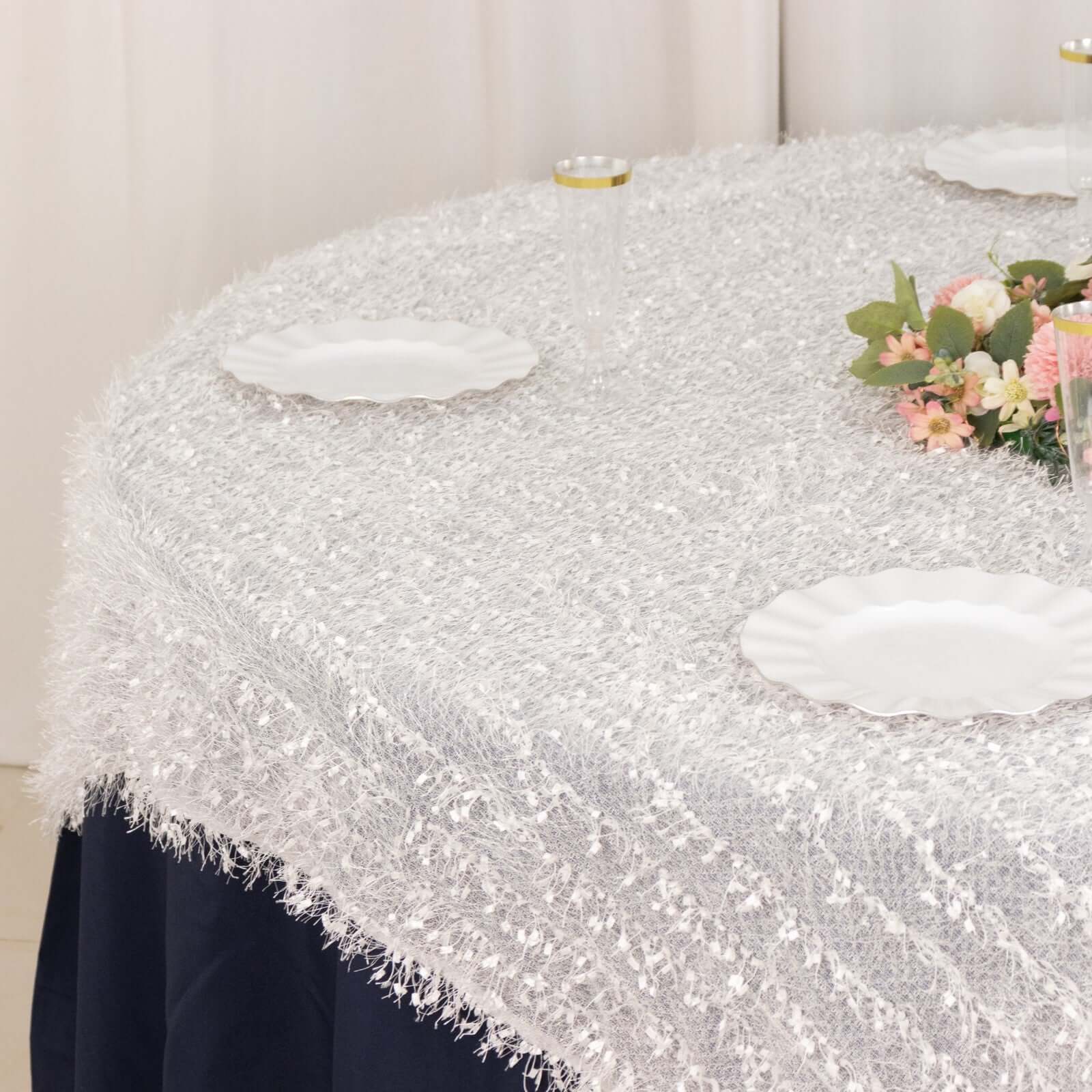 Polyester 72"x72" Table Overlay Square Tablecloth White Fringe Shag Design for Stylish Celebrations