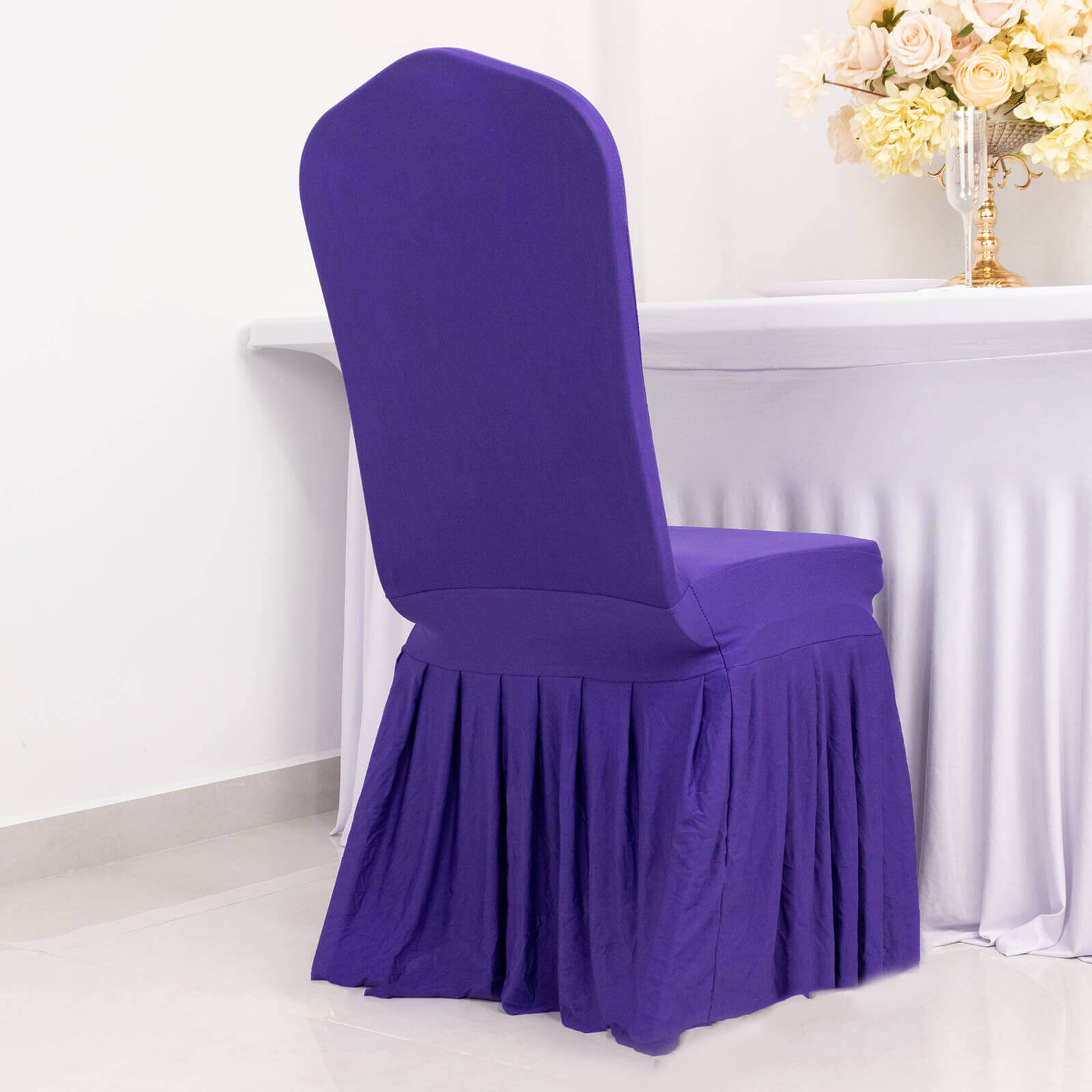 Spandex Chair Cover with Ruffle Pleated Skirt for Banquet Chairs Purple - 1-Piece Stretch Fitted Slipcover