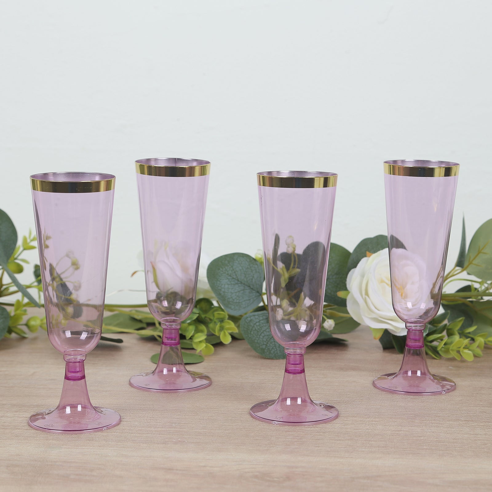 12-Pack Plastic Champagne Flutes Transparent Purple with Gold Rim - Stylish Disposable Cocktail Glasses for Parties 5oz 6"