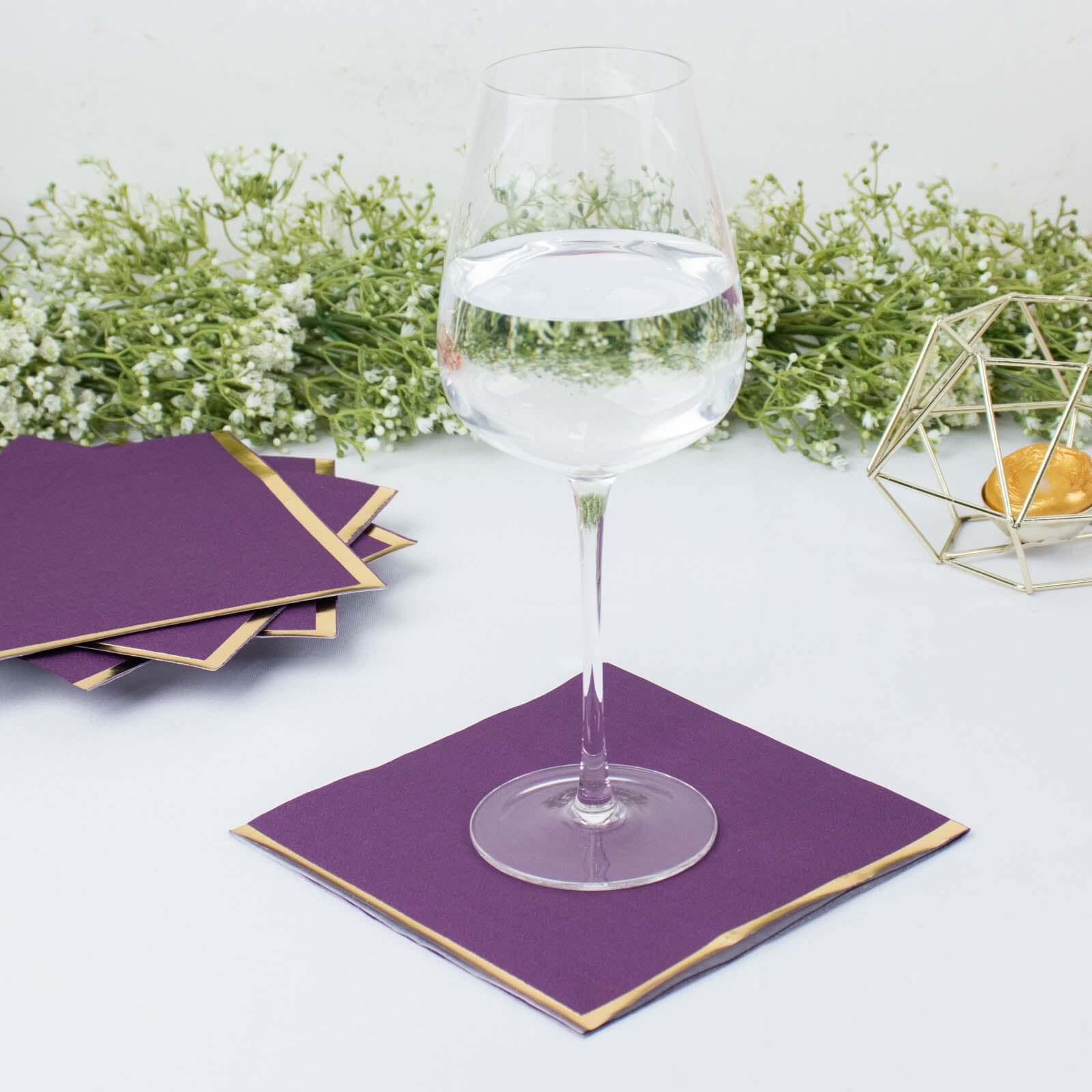 50-Pack Paper Beverage Napkins with Gold Foil Edge Purple - Disposable 2 Ply Cocktail Napkins for Events 6.5"x6.5"