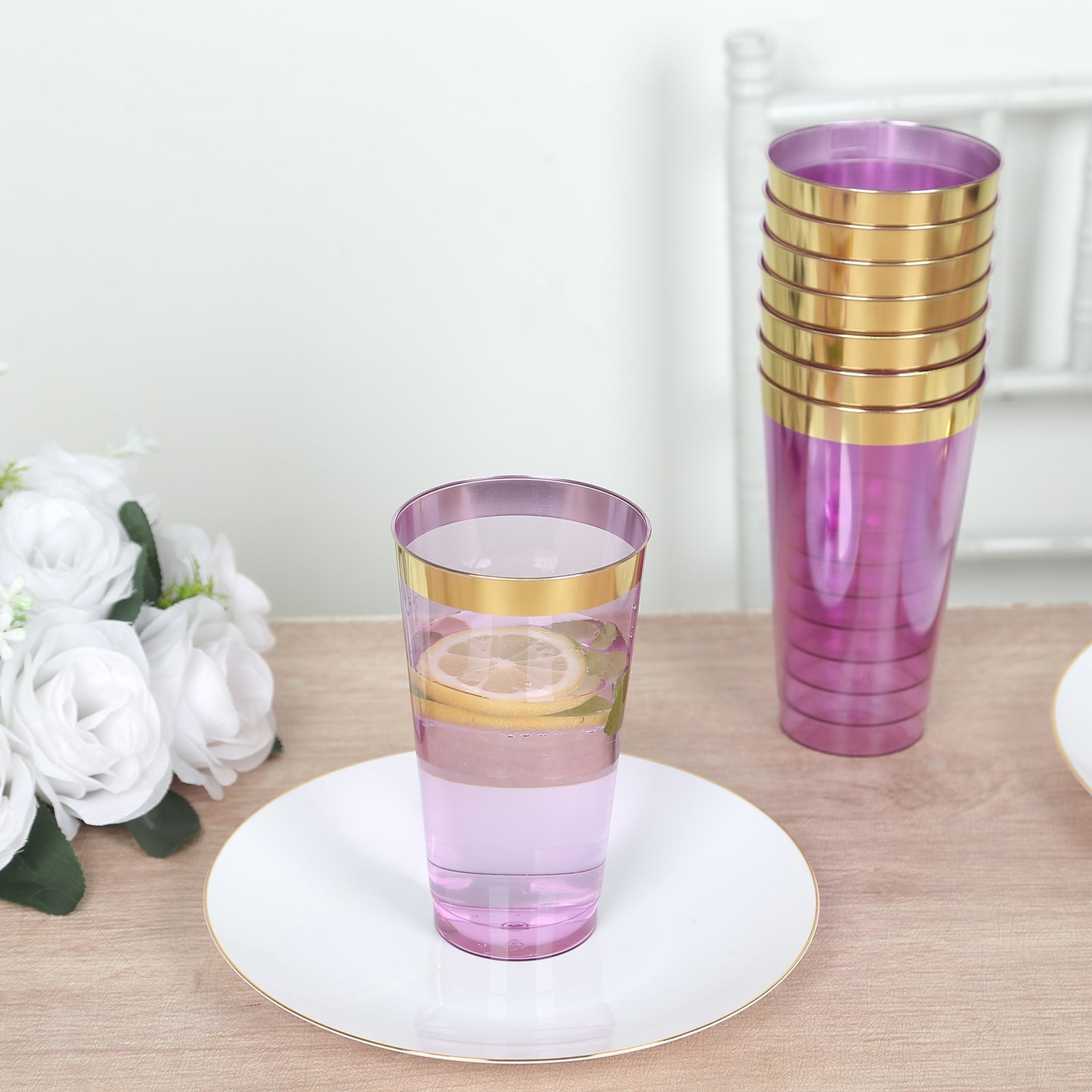 12-Pack Plastic Party Cups Transparent Purple with Gold Rim - Durable Disposable Tumblers for Drinks 17oz 5.5"