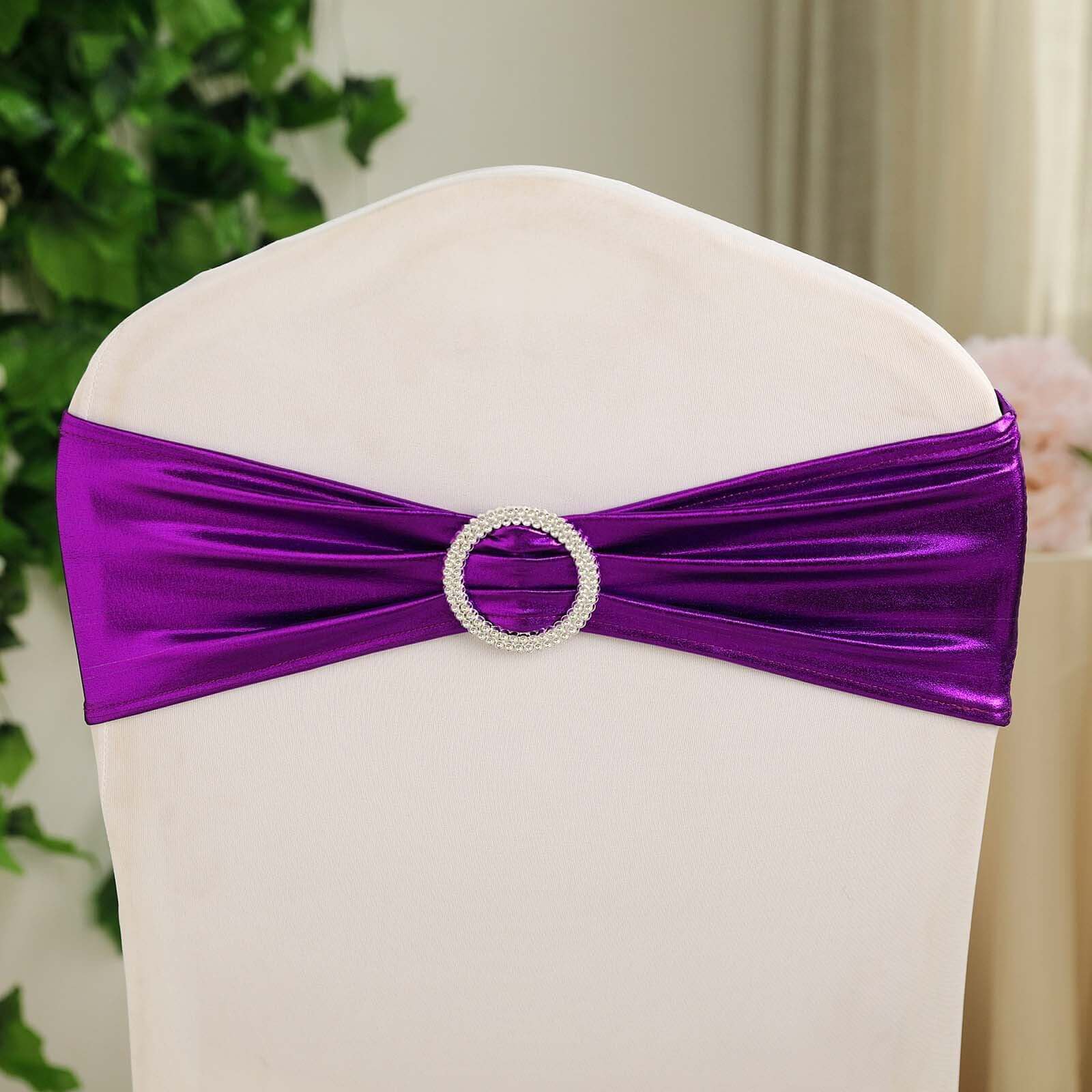 5 Pack Metallic Spandex Chair Sashes Purple - Stretch Fit Chair Bands With Round Diamond Buckles