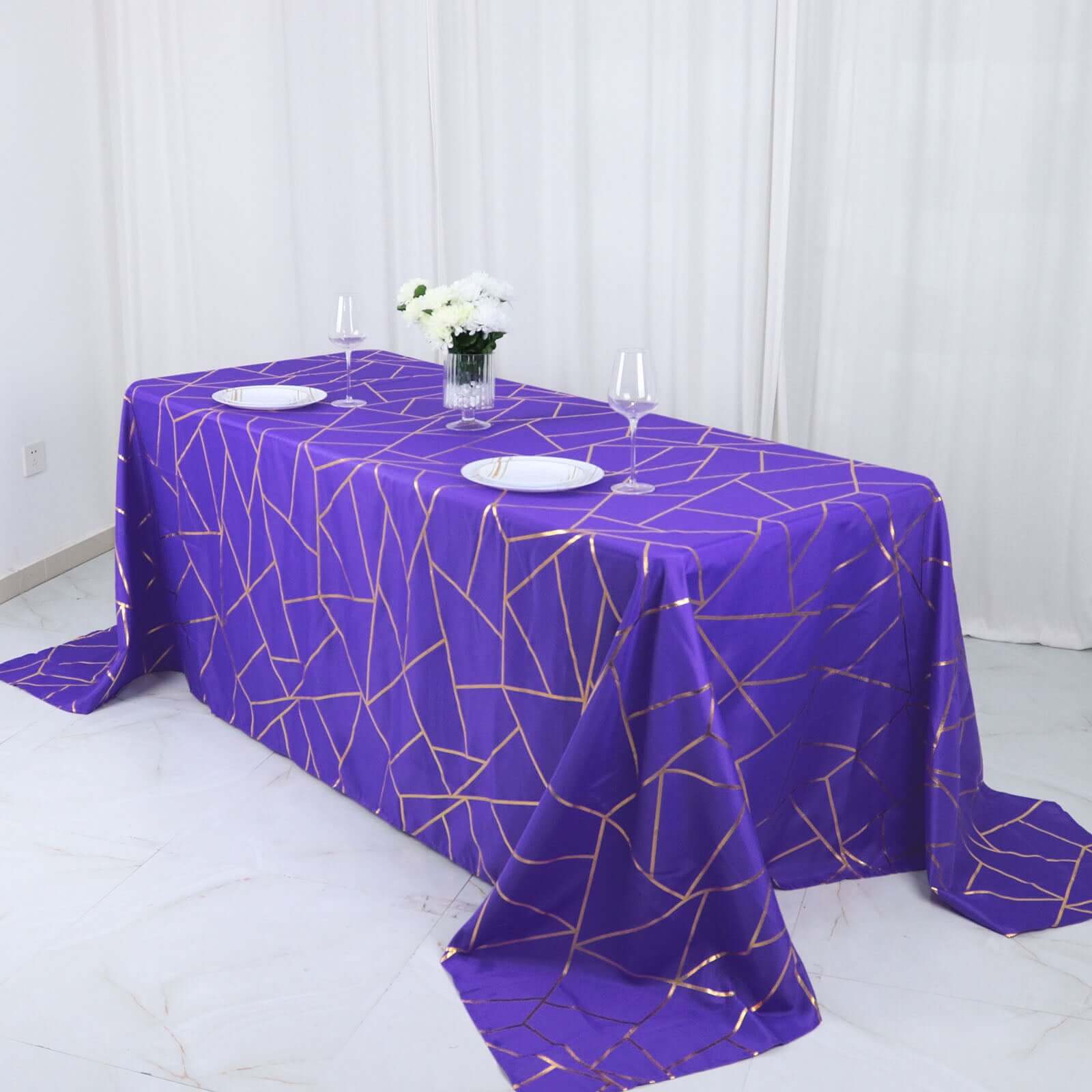Polyester 90"x132" Rectangle Tablecloth Purple Seamless with Gold Foil Geometric Pattern - Wrinkle-Resistant Seamless Table Cover