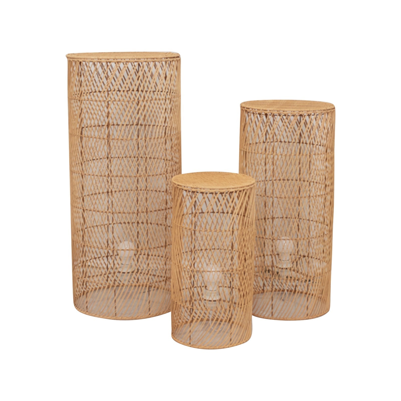 Set of 3 Natural Woven Rattan Wicker Pedestal with Wave Pattern - 19",27",33"
