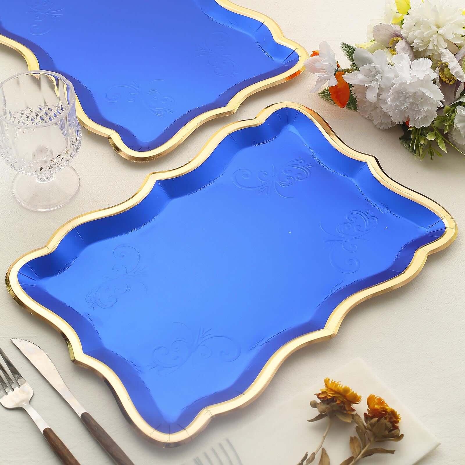 10-Pack Paper 14"x10" Rectangle Serving Trays Royal Blue - Heavy Duty Disposable 400GSM Cardboard Party Platters with Exquisite Gold Rim for Weddings & Parties