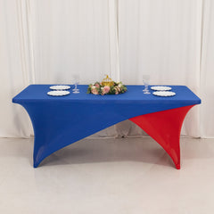 Stretch Spandex 72"x30" Rectangle Table Cover Royal Blue/Red Cross Over Design - Two-Piece Fitted Tablecloth with Elastic Foot Pockets