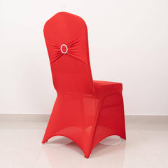Spandex Chair Cover with Silver Rhinestone Buckled Sash Band Red - Stretch Fitted Slipcover