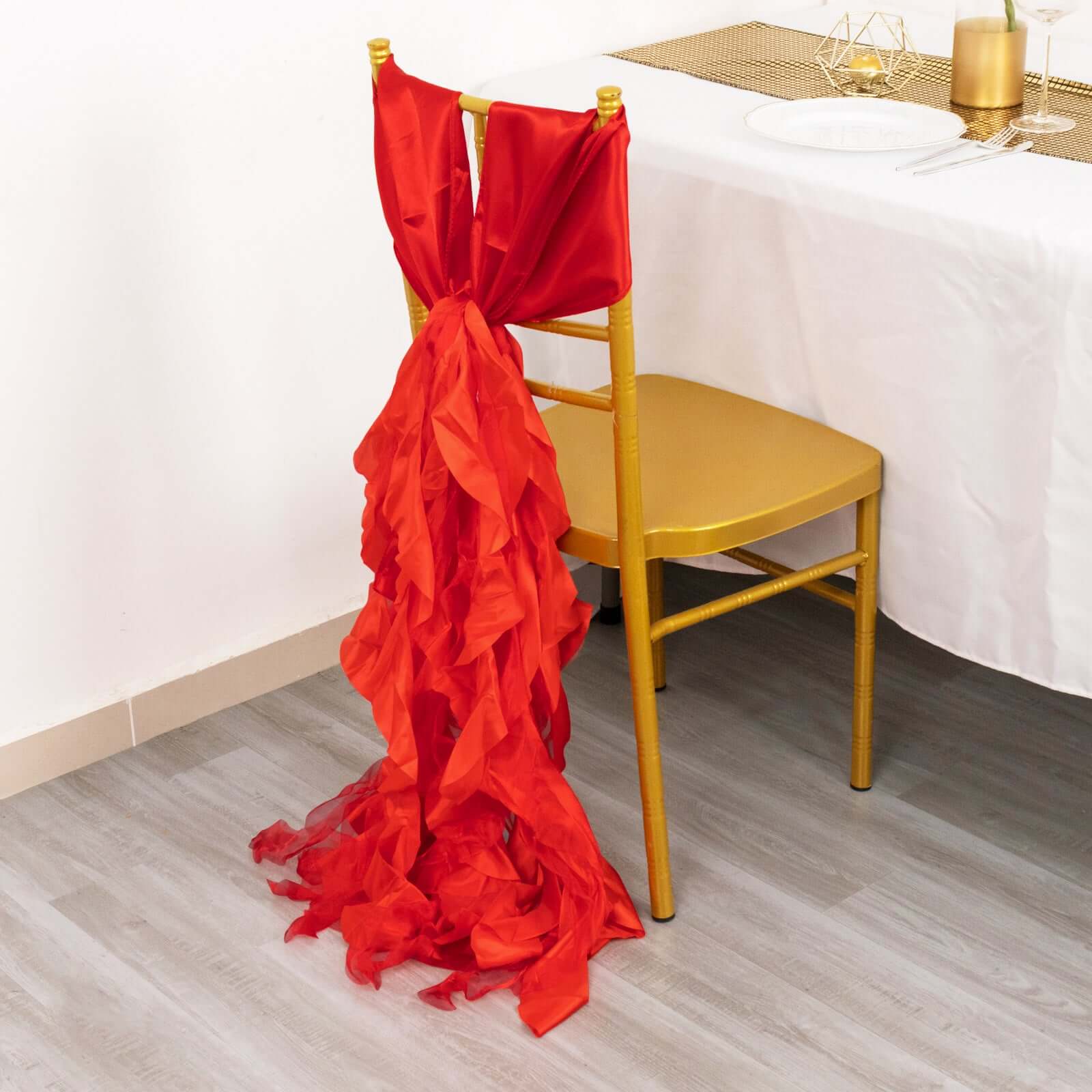 5 Pack Chiffon Satin Chair Sashes Red - Easy to Install Ruffled Curly Willow