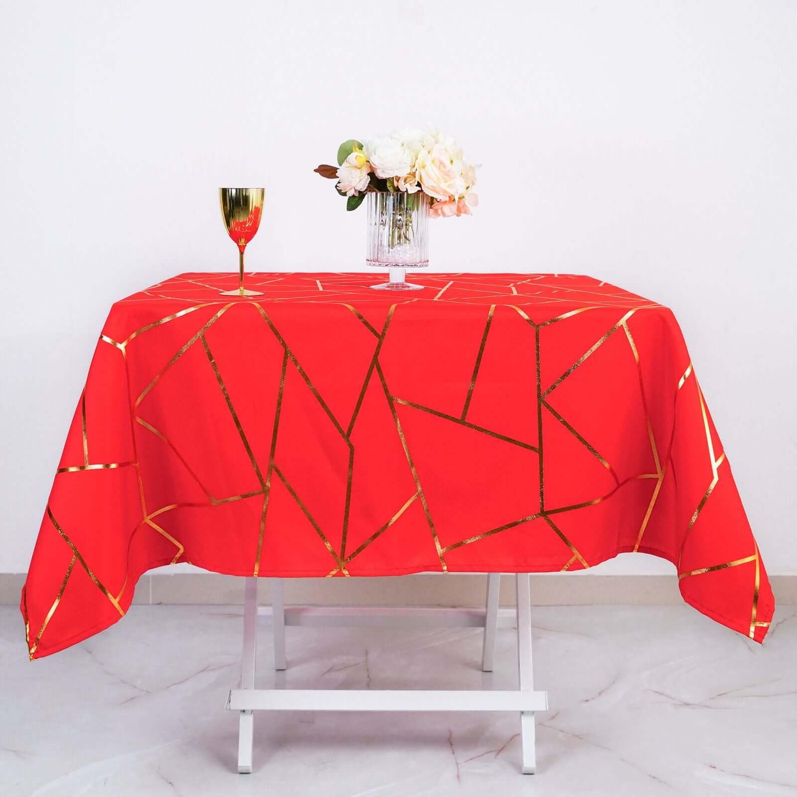 Polyester 54"x54" Square Tablecloth Red with Gold Foil Geometric Pattern - Wrinkle-Resistant & Durable Table Cover