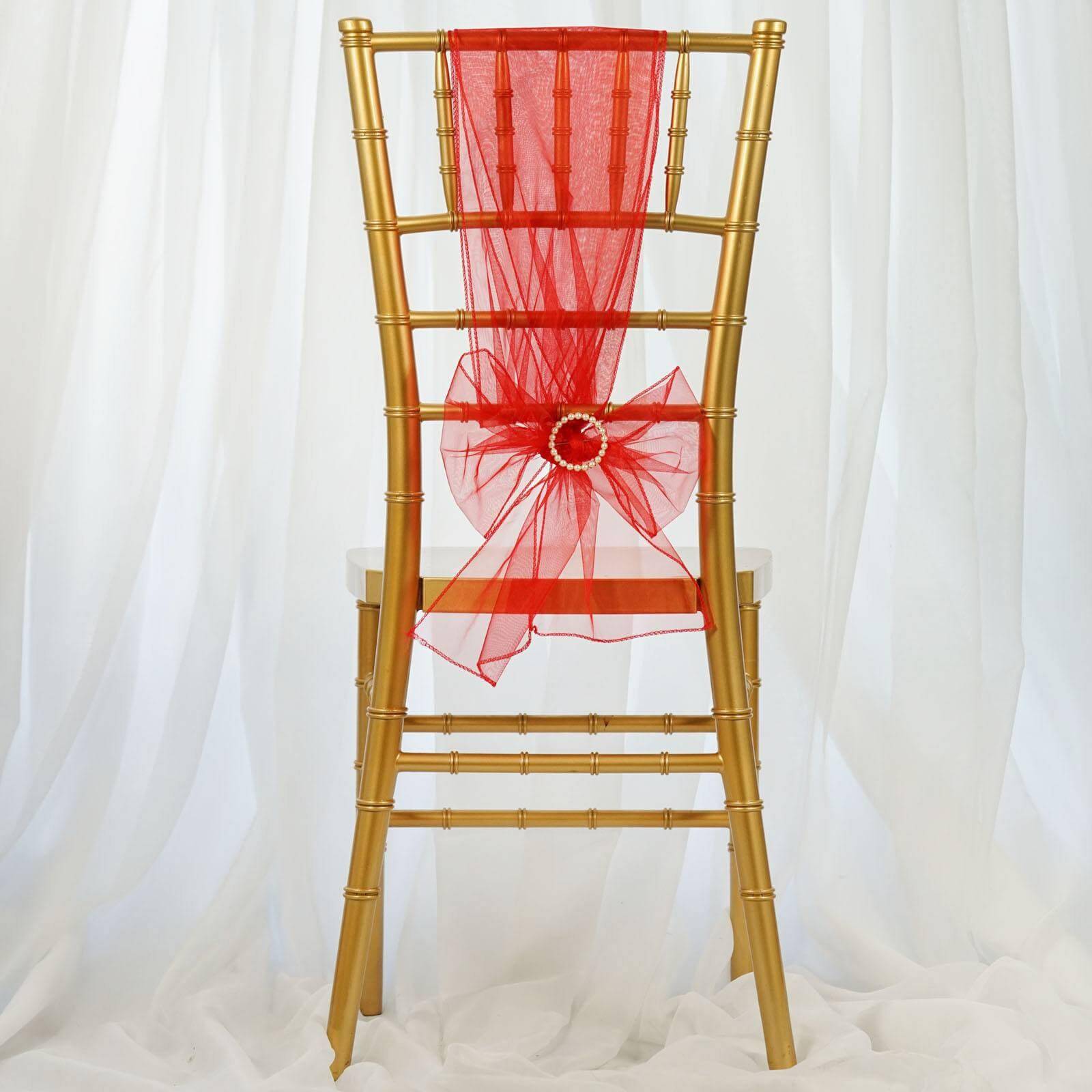 5 Pack Organza Chair Sashes Red - Reusable Sheer Chair Bows 6"x108"