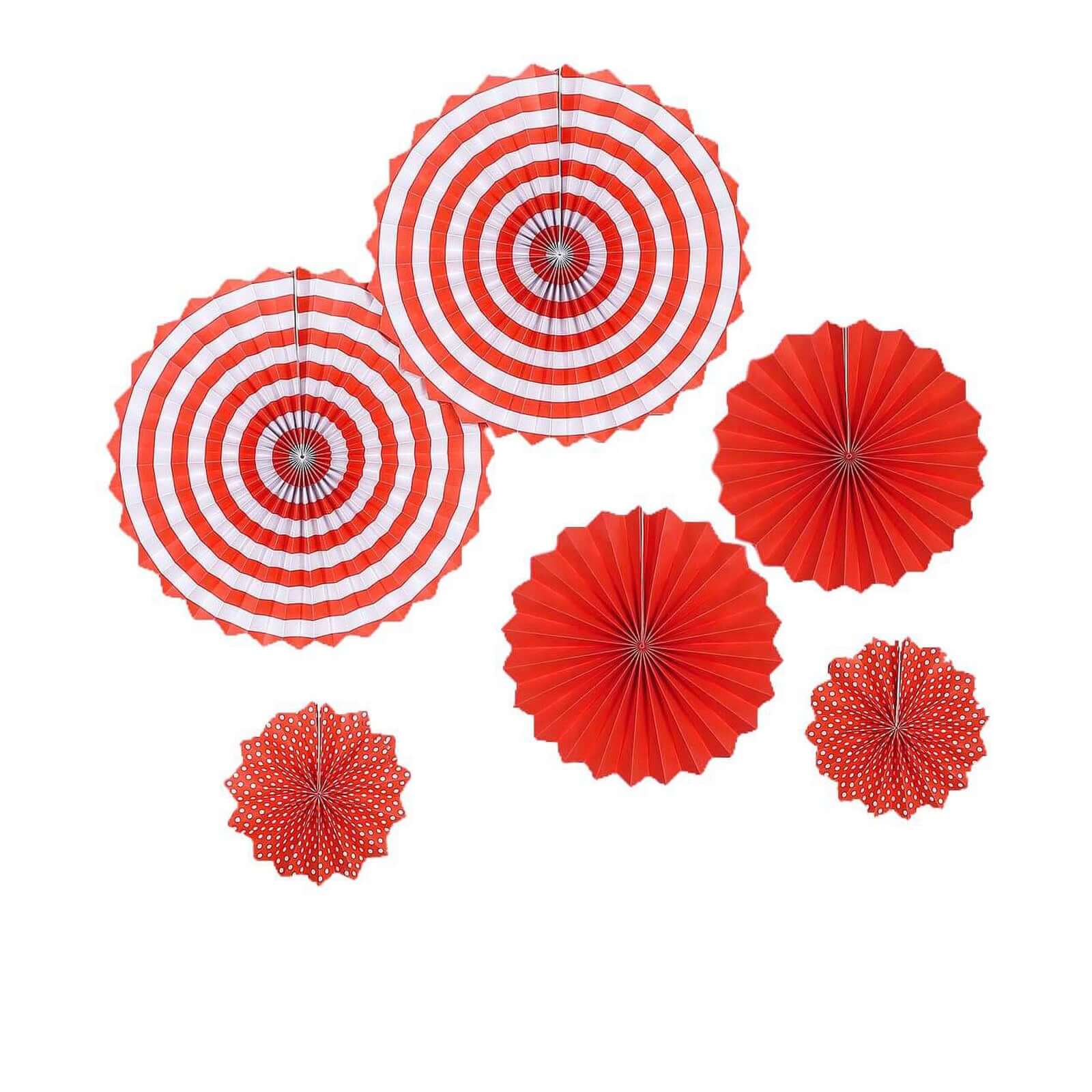 Set of 6 Red Hanging Paper Fan Decorations, Pinwheel Wall Backdrop Party Kit - 8", 12", 16"