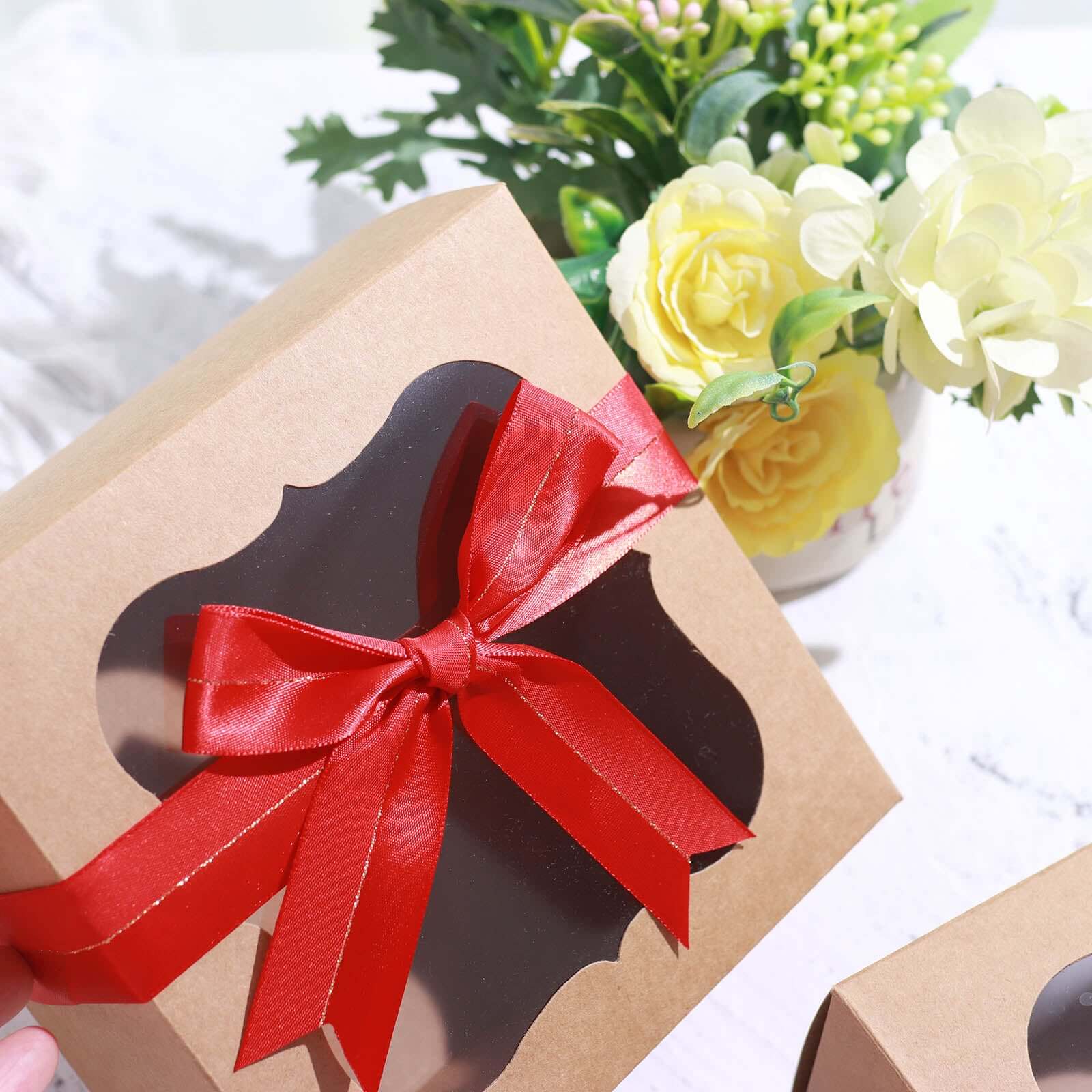 50 Pcs 10" Red Pre Tied Ribbon Bows, Satin Ribbon With Gold Foil Lining For Gift Basket and Party Favors Decor