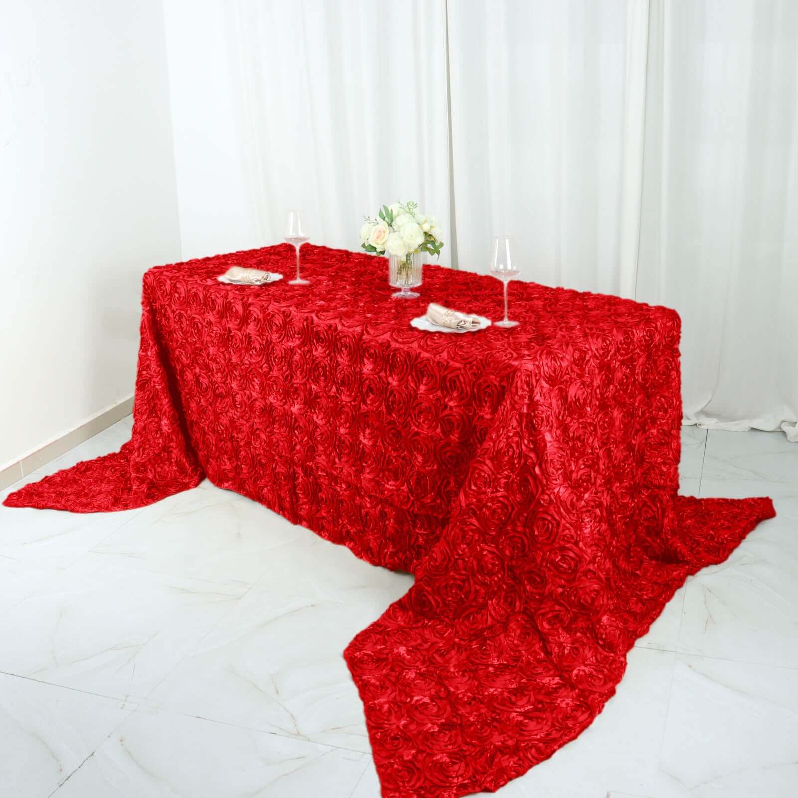 Satin 90"x156" Rectangle Tablecloth Red - Grandiose 3D Rosette Table Cover with Seamless Finish
