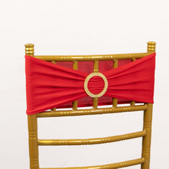 5 Pack Spandex Chair Sashes Red with Gold Rhinestone Buckles - Reusable Four-Way Stretch Sash Bands 5"x14"
