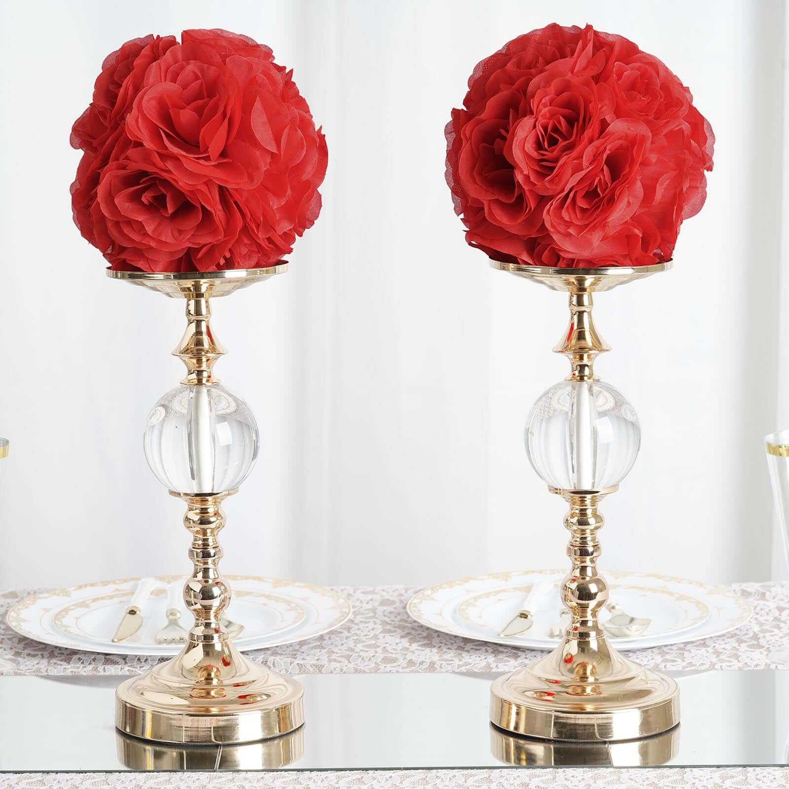 2 Pack 7" Red Artificial Silk Rose Kissing Ball, Faux Flower Ball