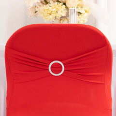 Stretch Spandex Chair Cover Red for Folding Chairs - Secure Fit Slipcover with Silver Rhinestone Buckled Sash Band