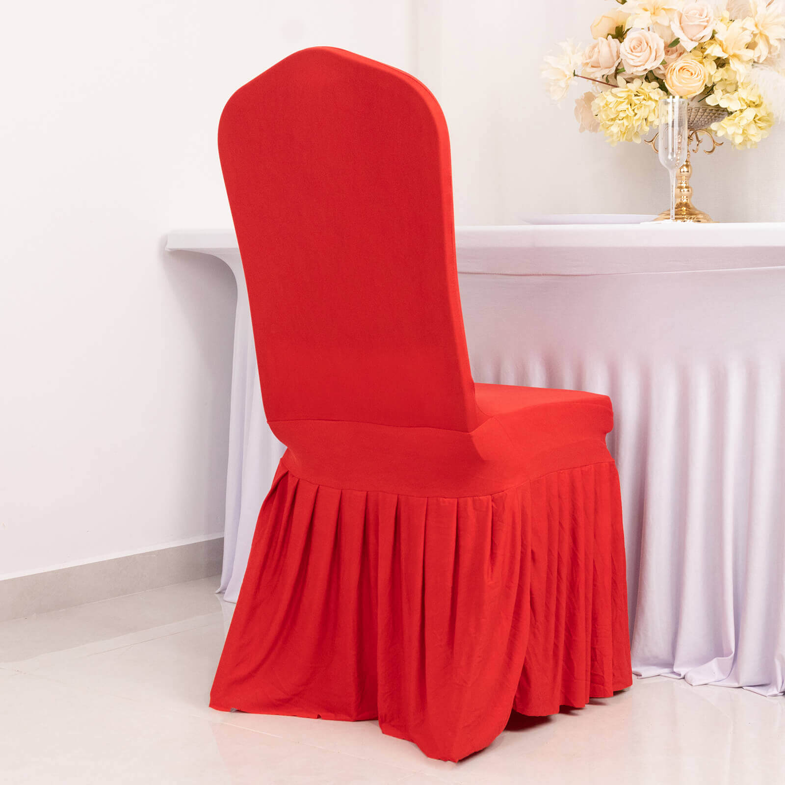 Spandex Chair Cover with Ruffle Pleated Skirt for Banquet Chairs Red - 1-Piece Stretch Fitted Slipcover