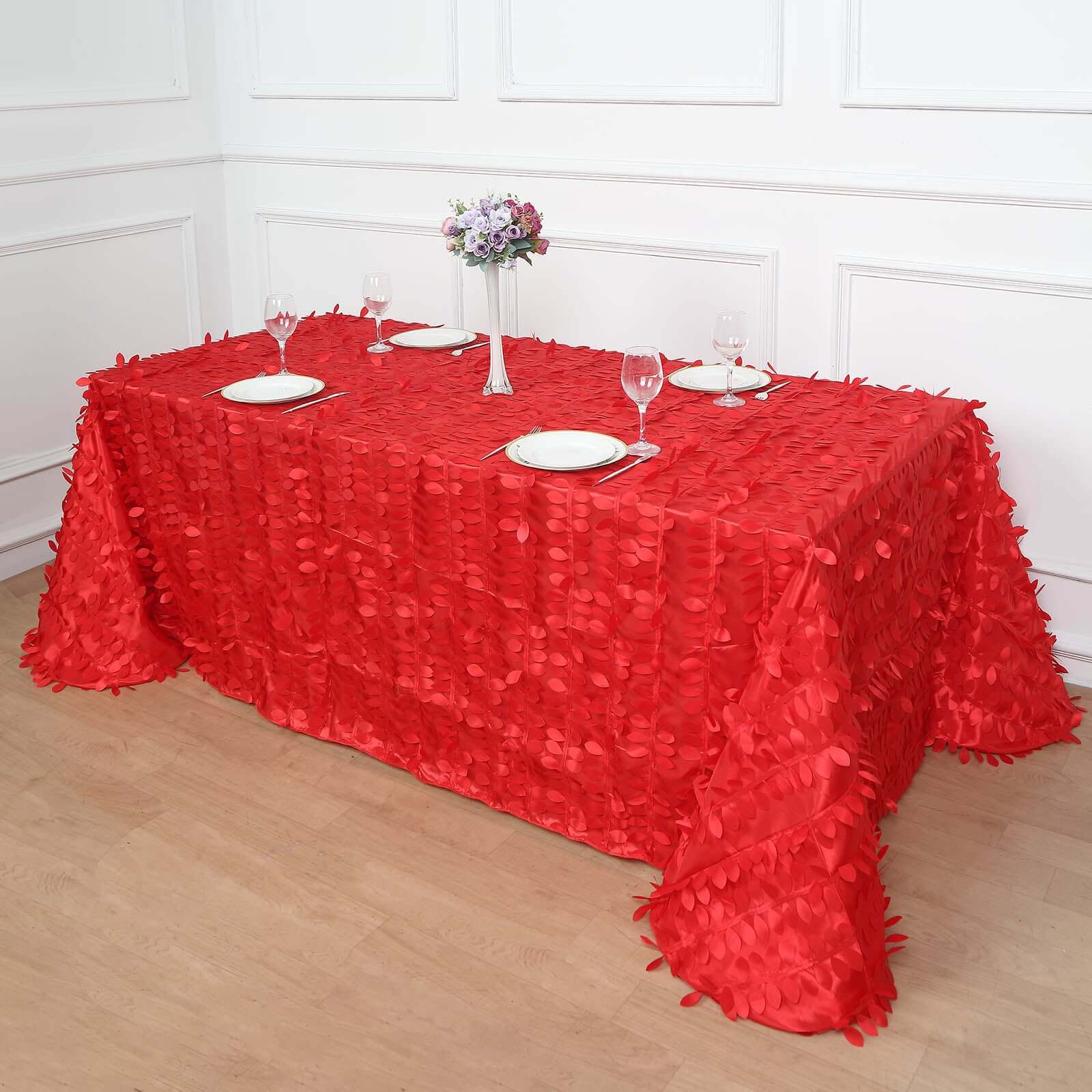 Taffeta 90"x156" Rectangle Tablecloth Red | 3D Leaf Petal Design Seamless Table Cover