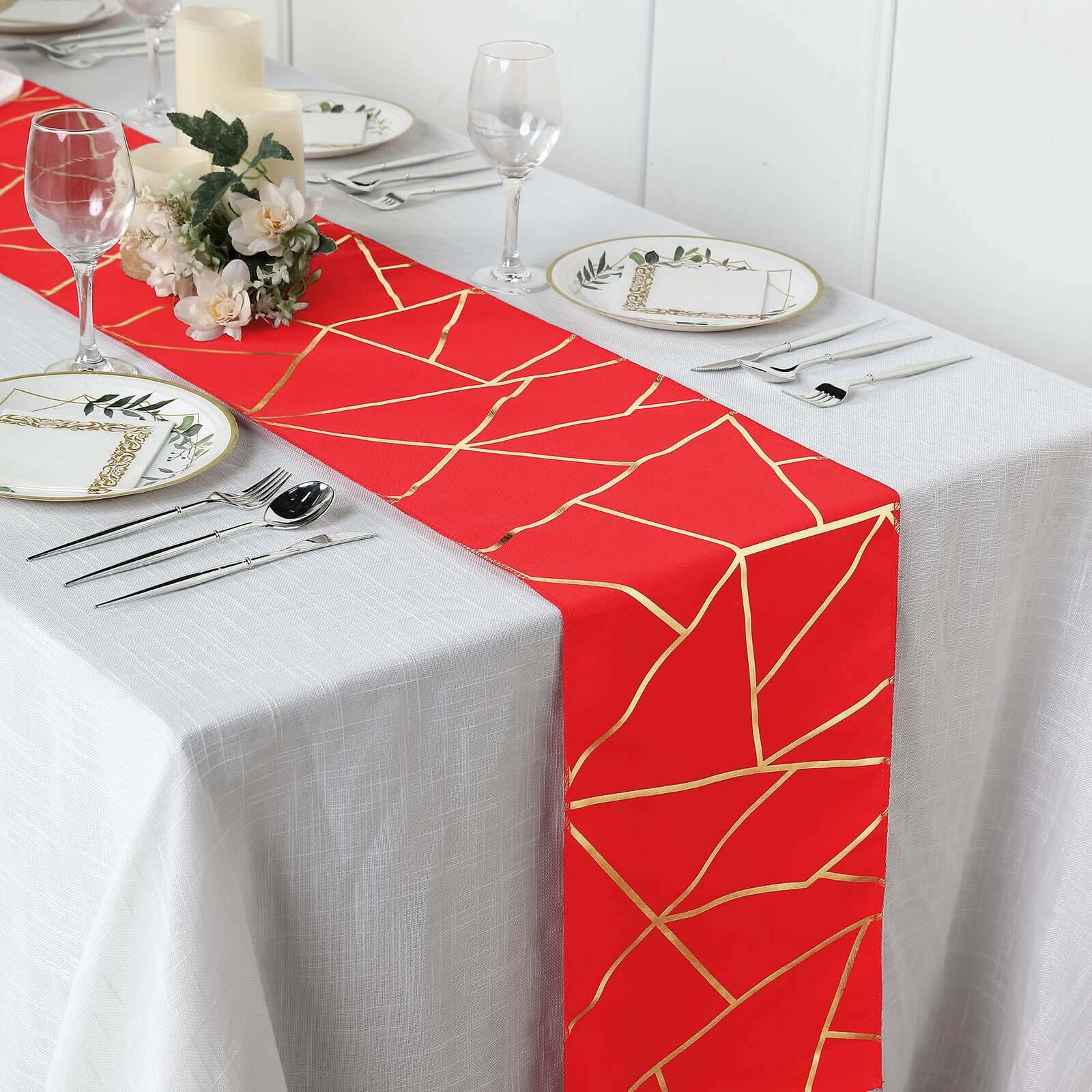 Polyester 9ft Table Runner Red with Gold Foil Modern Geometric Accent