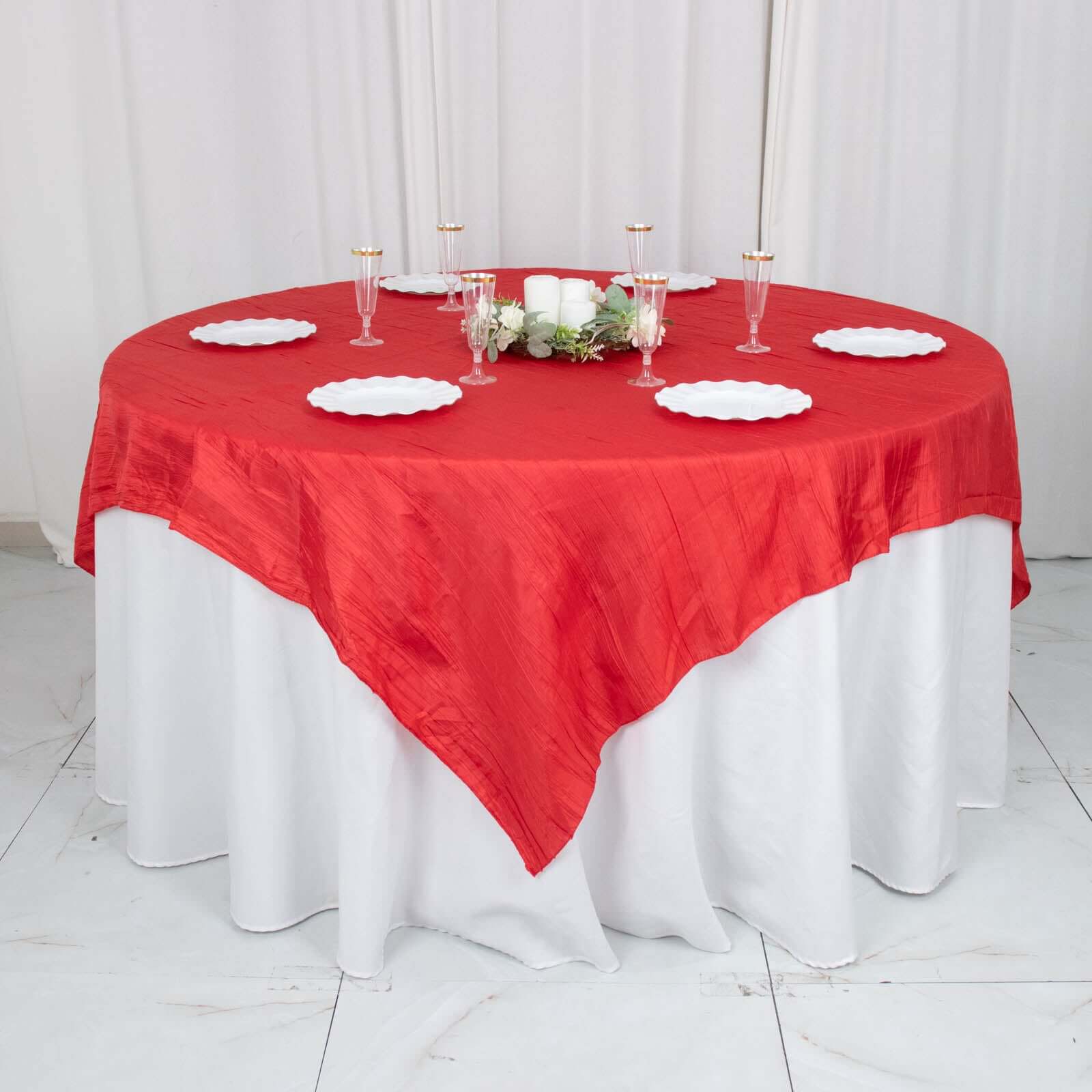 Taffeta 72"x72" Table Overlay Square Tablecloth Red - Accordion Crinkle Table Cover