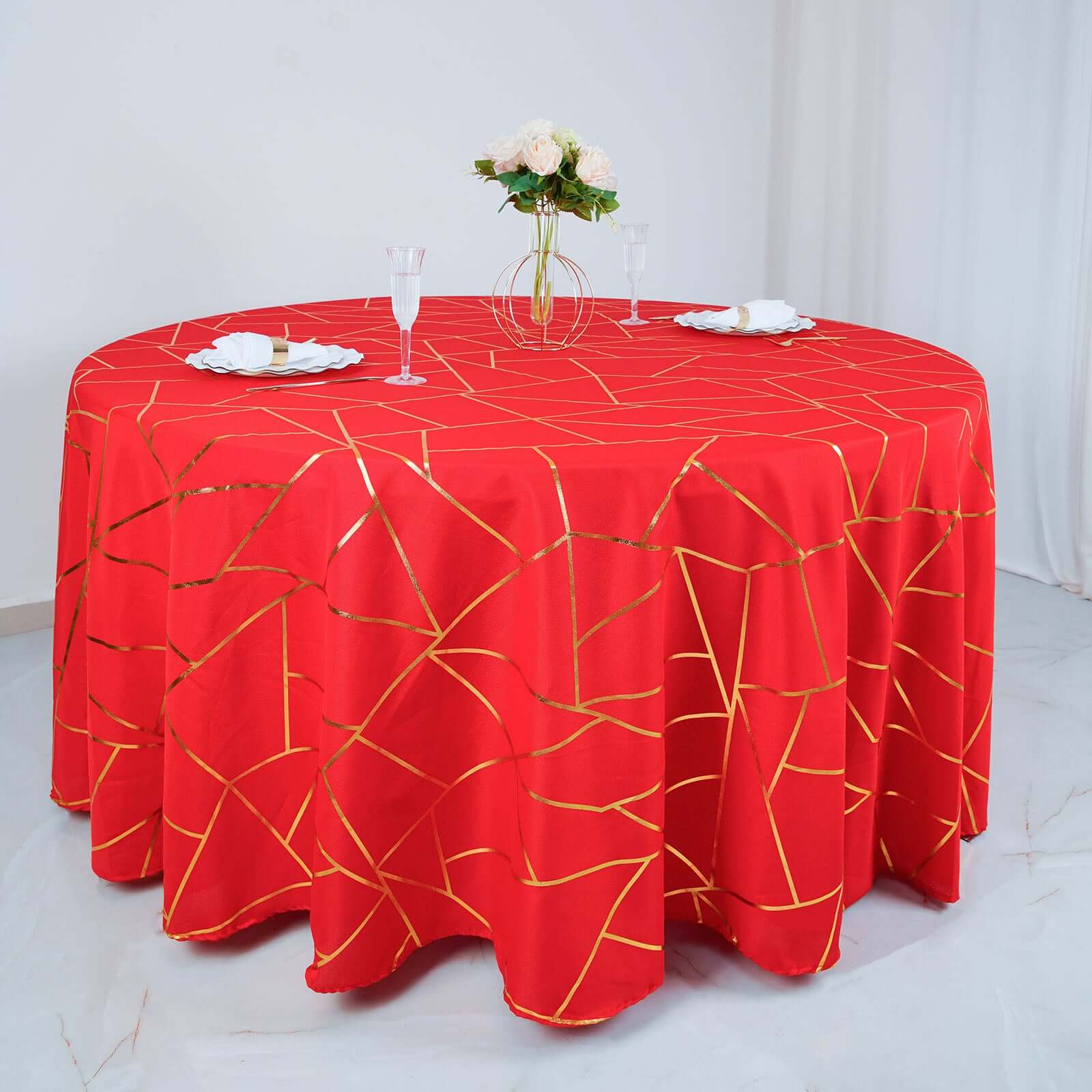 Polyester 120" Round Tablecloth Red with Gold Foil Geometric Pattern Wrinkle-Resistant Seamless Table Cover