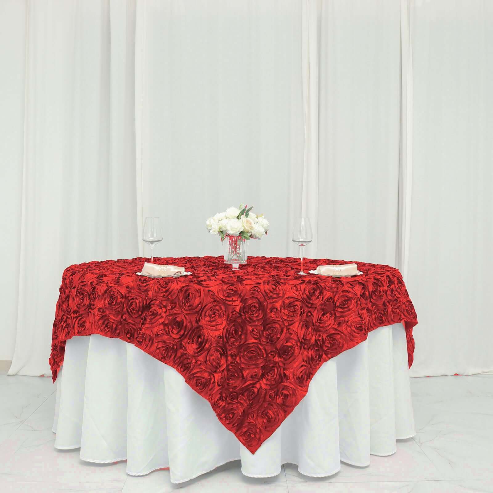 Satin 72"x72" Table Overlay Square Tablecloth Red - 3D Rosette Table Cover