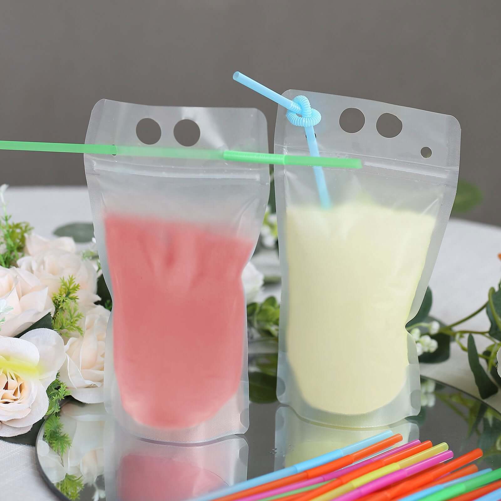 50-Pack Plastic Drink Pouches 12oz Clear - Stand Up Reclosable Hand-Held Juice Smoothie Drink Bags with Straws and Zipper for Travel & Festivals