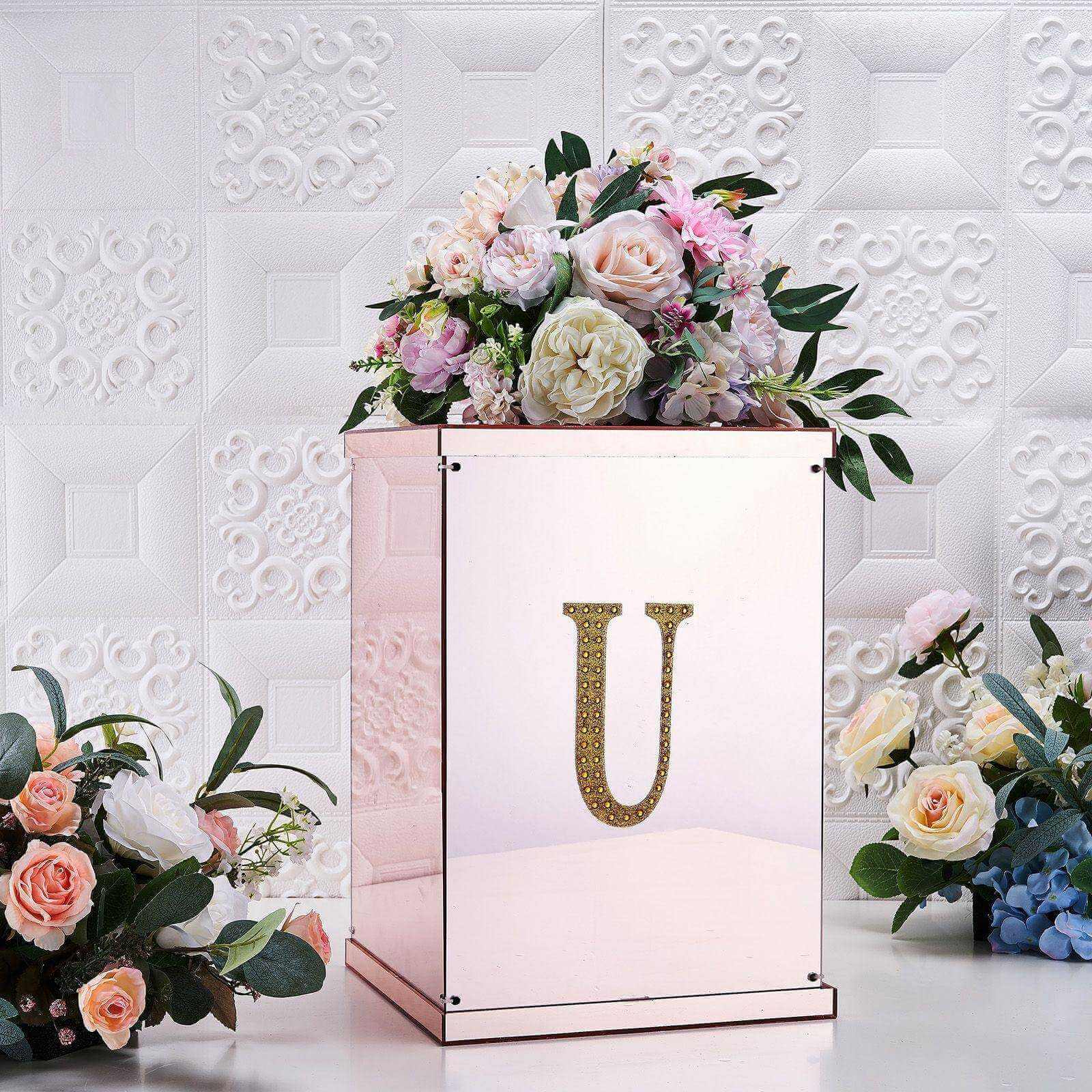 Decorative Rhinestone Alphabet "U" Letter Stickers, Glitter Adhesive Craft Letters Gold DIY Sparkle Embellishments 6"