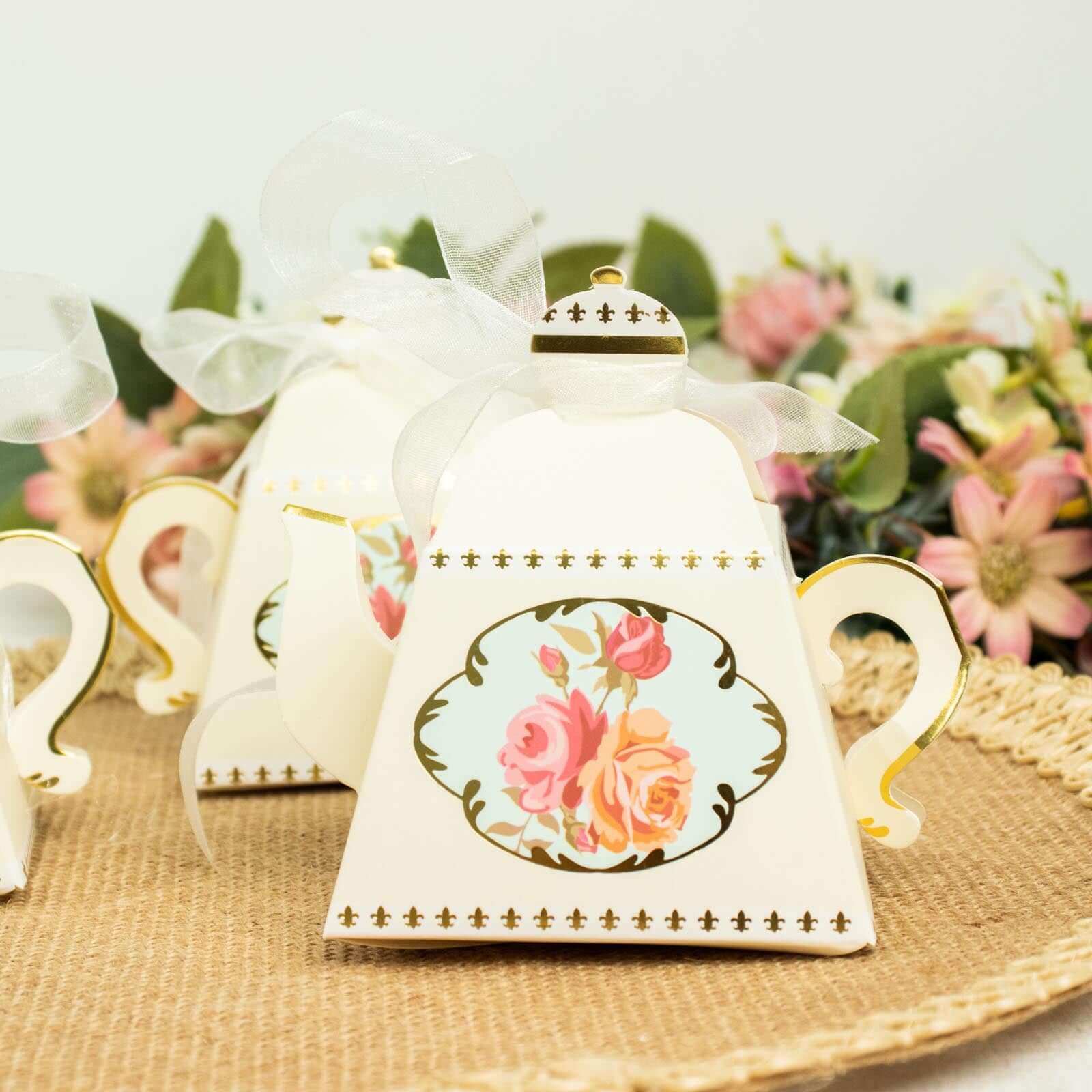 25 Pack 4" Ivory Mini Teapot Favor Boxes, Vintage Rose Gift Boxes with Ribbons