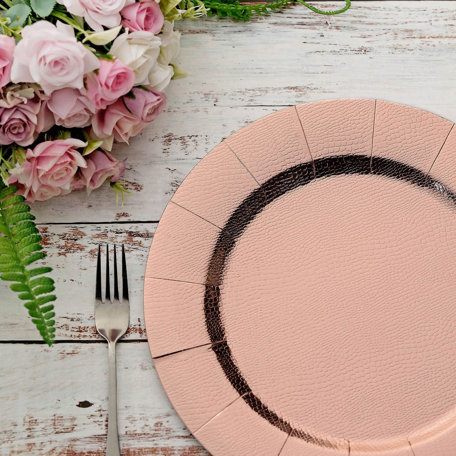 10-Pack Disposable Round Charger Plates in Rose Gold with Leathery Texture - Durable 1100GSM Cardboard Placemats 13"