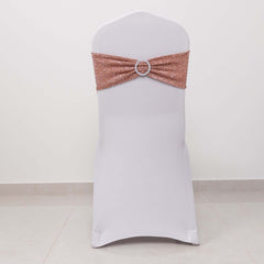 5 Pack Chair Sashes Shimmer Tinsel Spandex 5"x12" with Silver Rhinestone Buckles Rose Gold