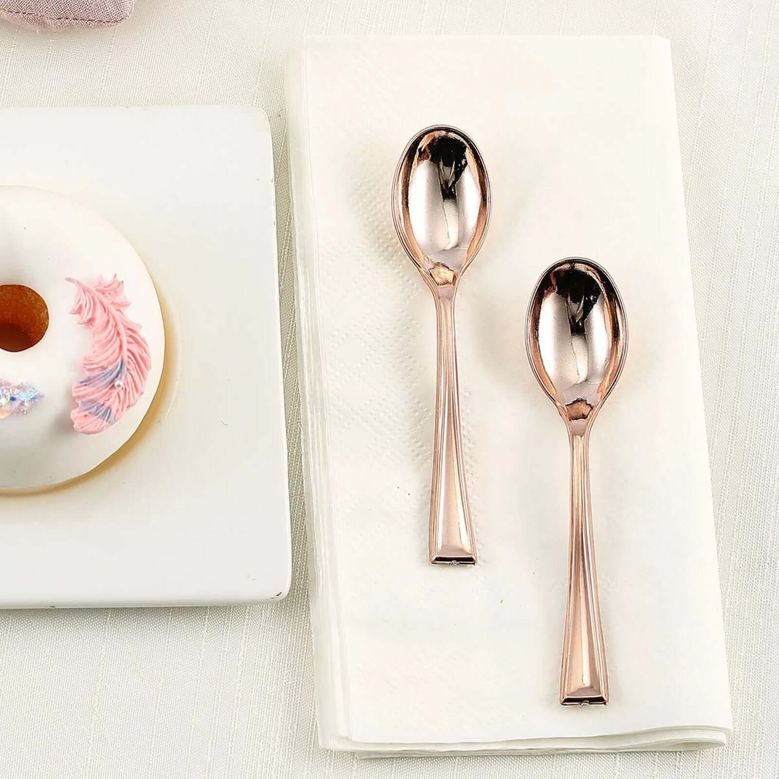 24-Pack Plastic Mini Dessert Spoons Rose Gold - Heavy Duty Disposable Silverware 4"