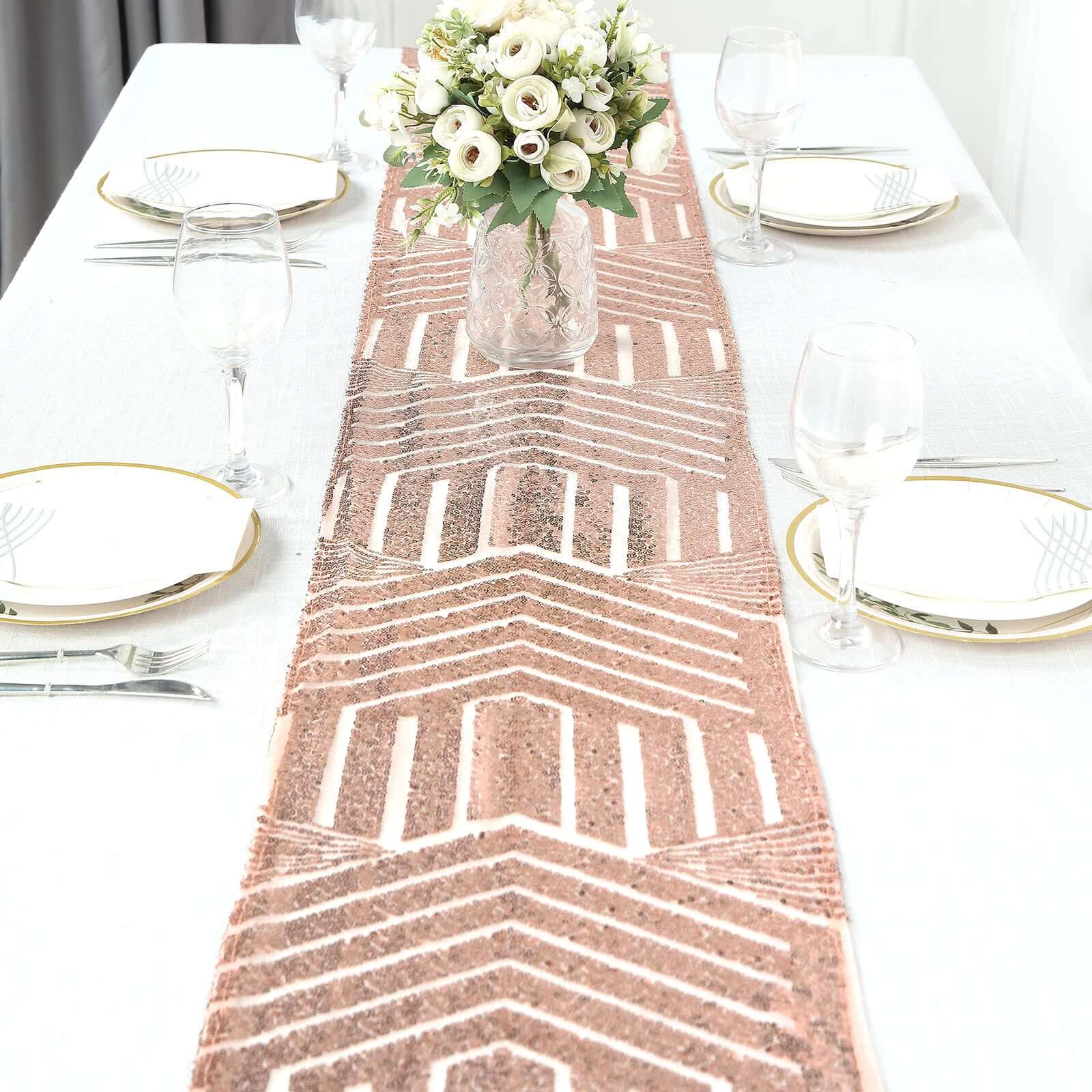 Sequin 12"x108" Table Runner Rose Gold - Diamond Glitz Design