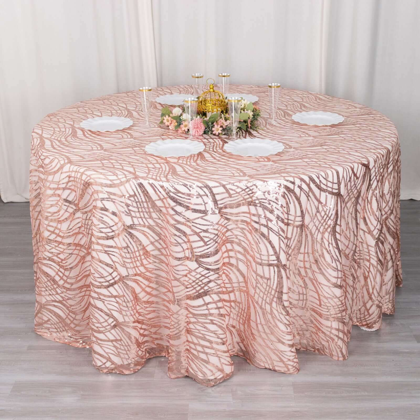Sequin Mesh 120" Round Tablecloth Rose Gold - Seamless Wave Embroidered Table Cover