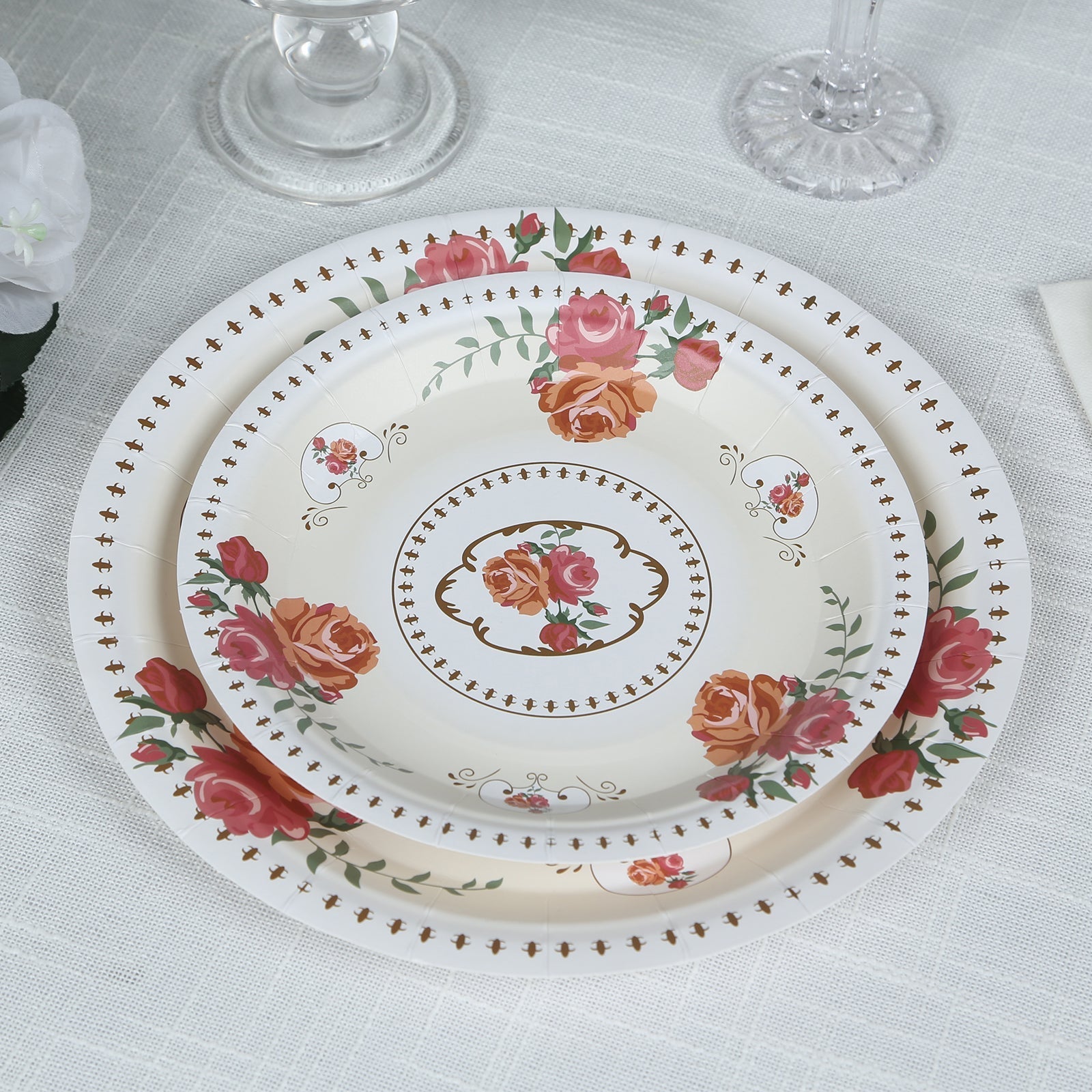 25-Pack Paper 7" Round Dessert Plates in Ivory with Vintage Rose Flower Print - Disposable Appetizer Salad Plates for Bridal Showers & Garden Luncheons