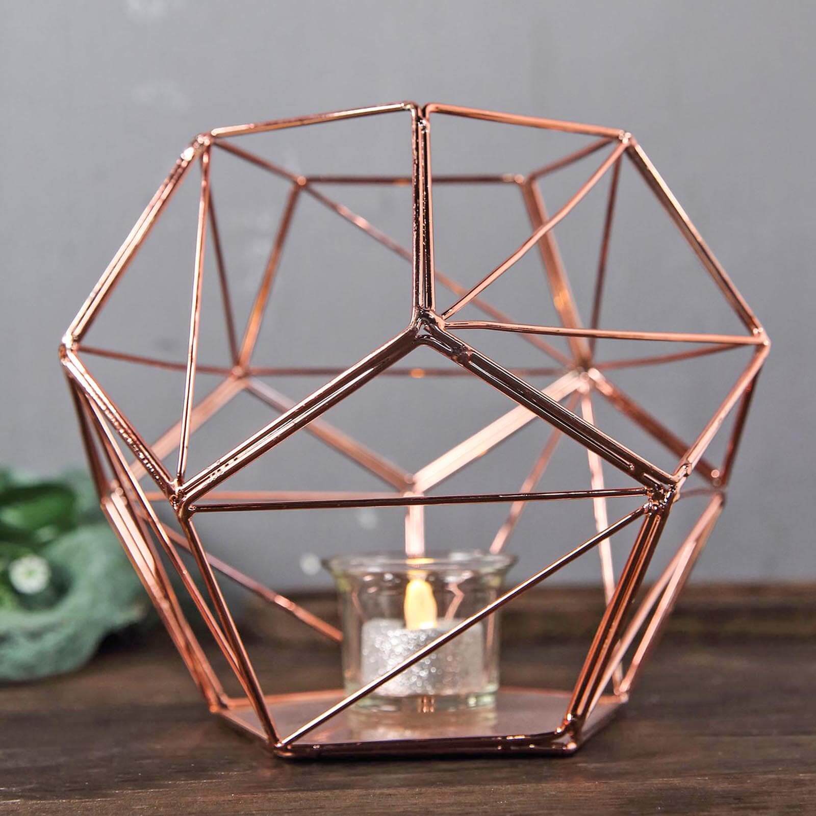 Tealight Candle Holder Rose Gold Metal Pentagon Prism Geometric Open Frame - Flower Stand 7"