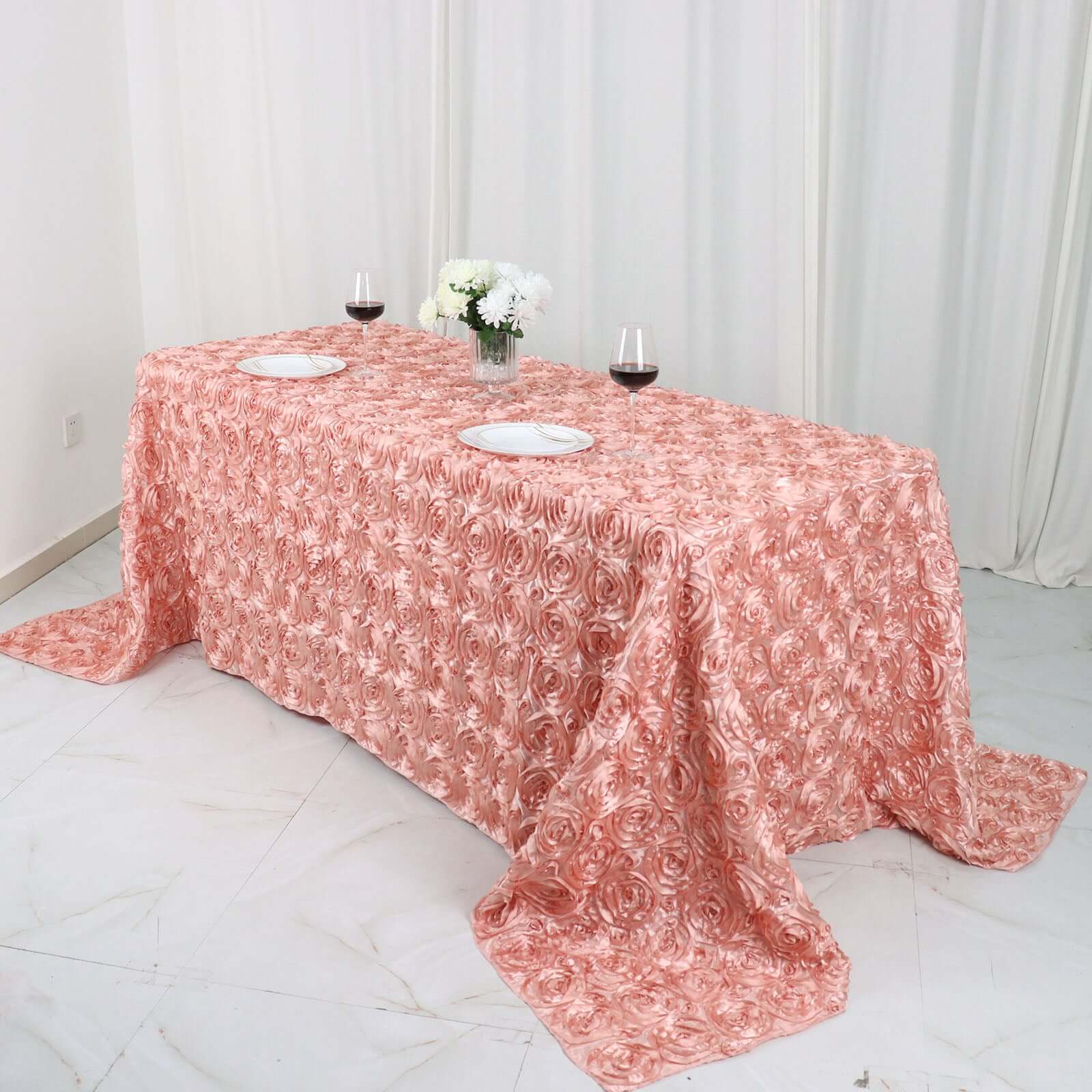 Satin 90"x132" Rectangle Tablecloth Dusty Rose - Grandiose 3D Rosette Seamless Table Cover