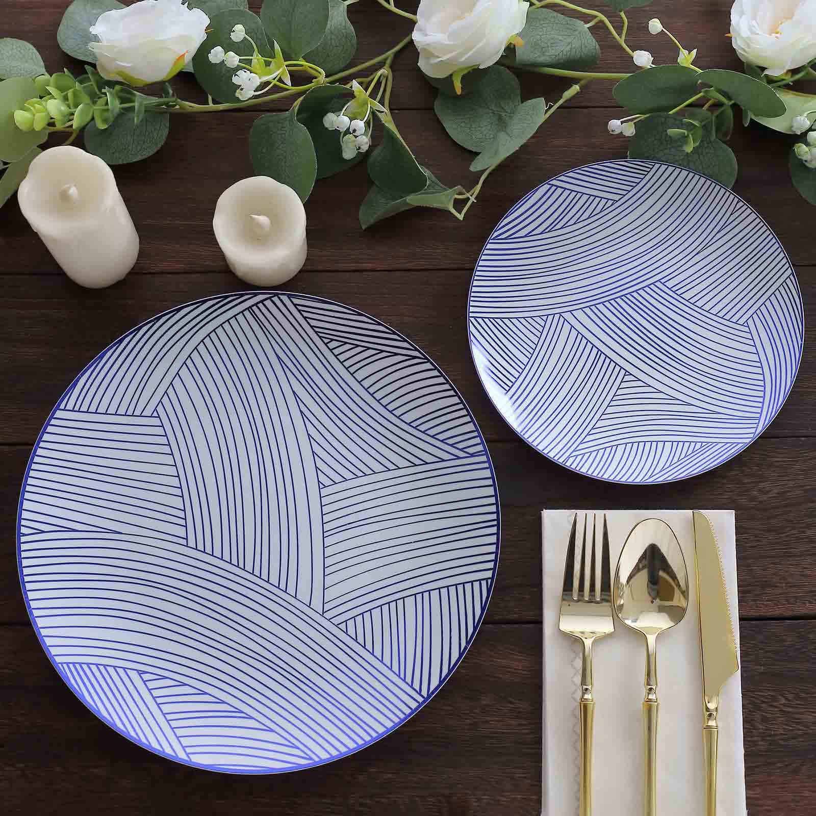 10-Pack Plastic 7" Round Dessert Plates in White with Blue Wave Brush Strokes Pattern - Disposable Appetizer Salad Plates